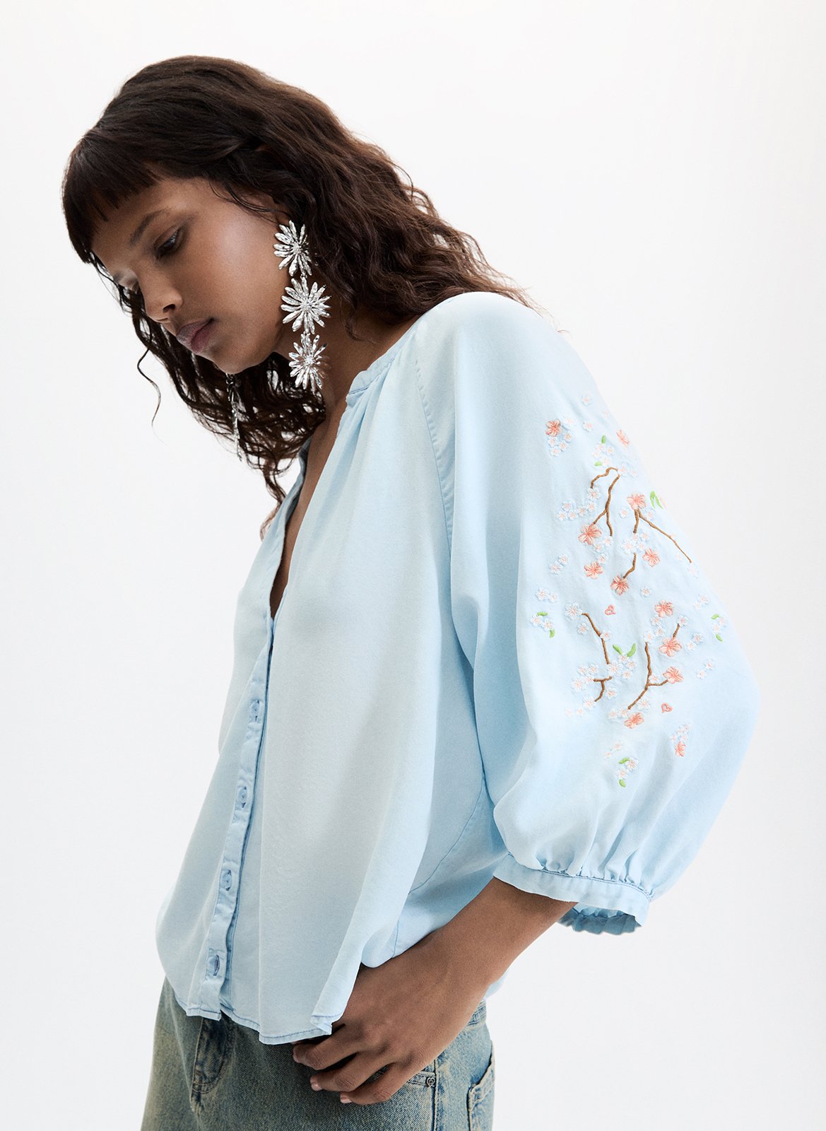 Fluid satin V-neck top DESIGUAL Blue