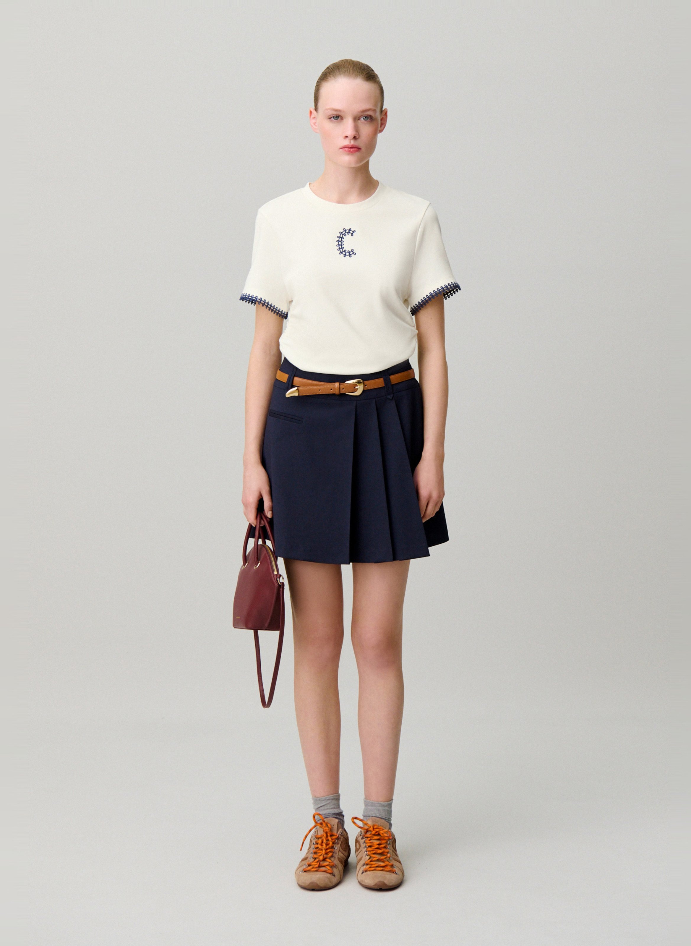 Tee-shirt droit col rond brodé CLAUDIE PIERLOT Beige