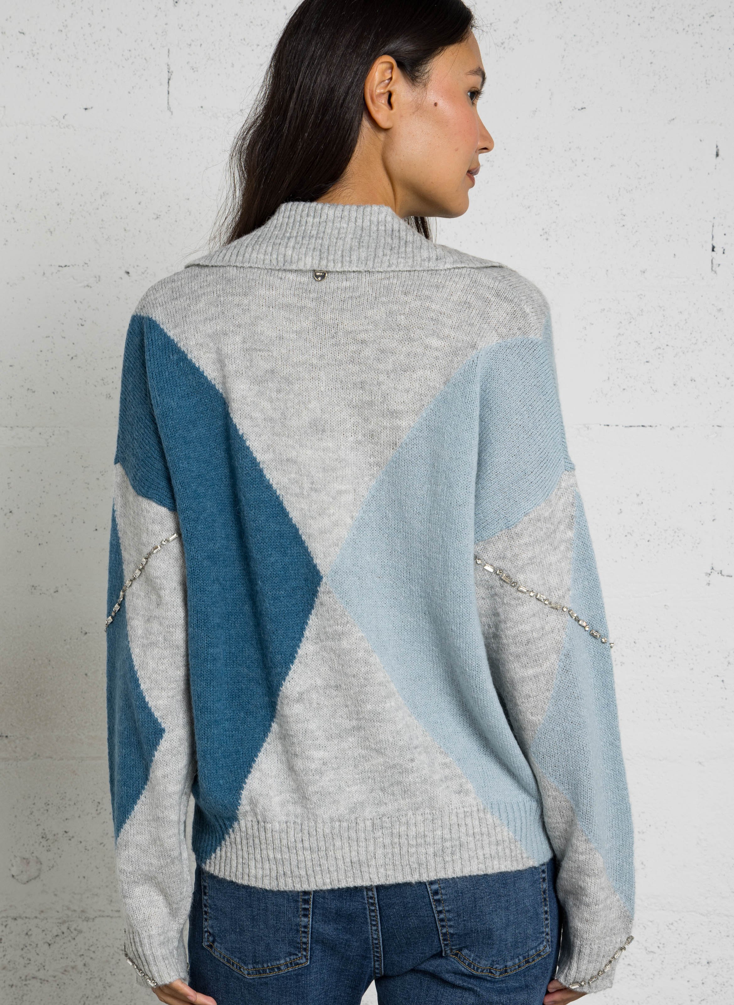 Pull col polo ornée de strass LIU JO Bleu