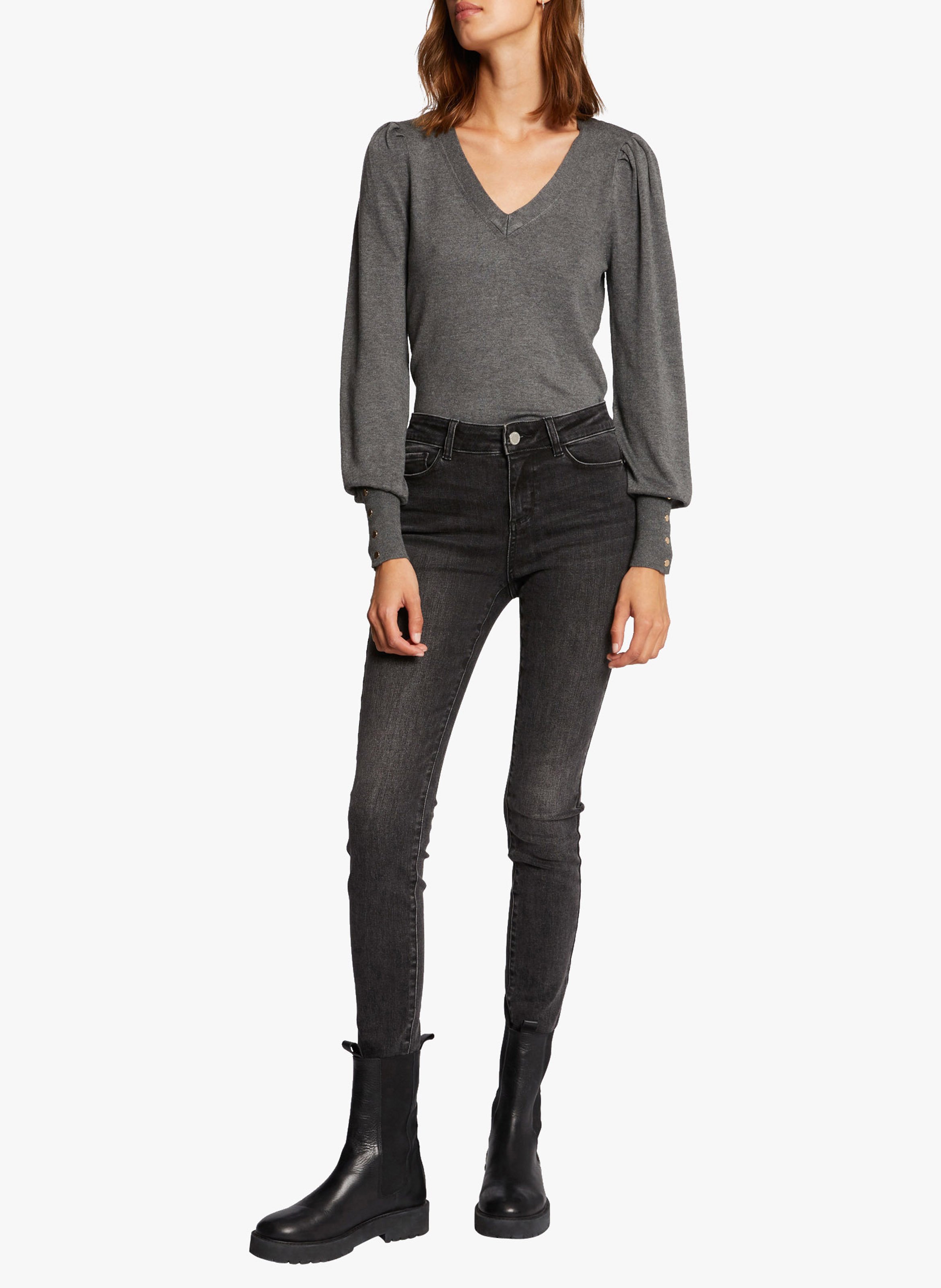 Pull col V en maille mélangée MORGAN Gris