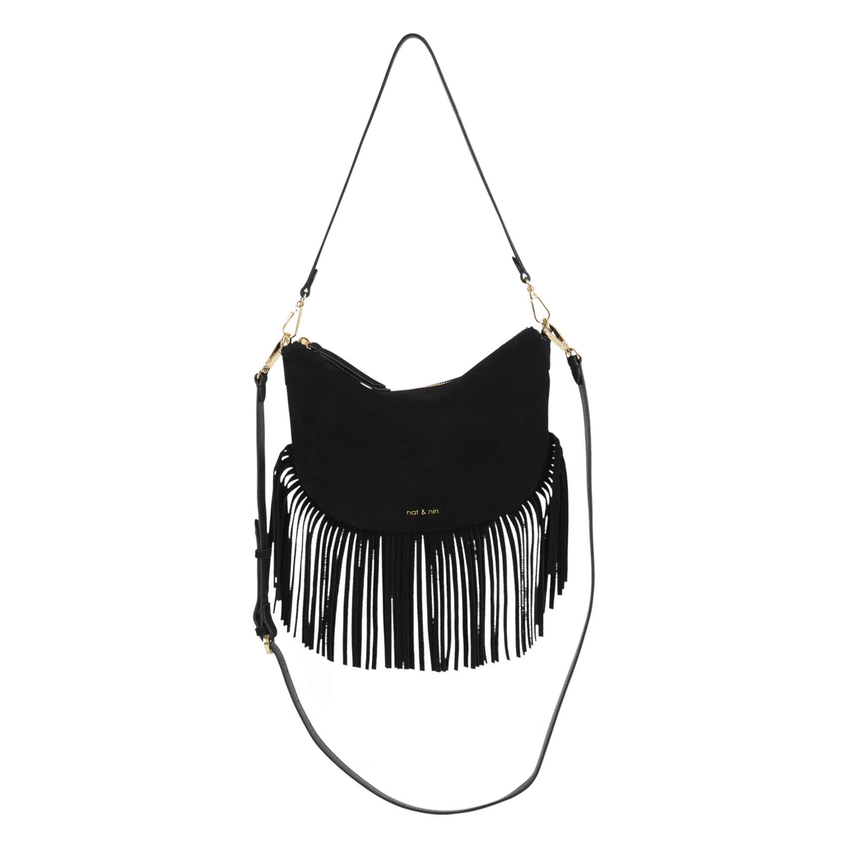Sac bandoulière à franges en cuir NAT & NIN Noir