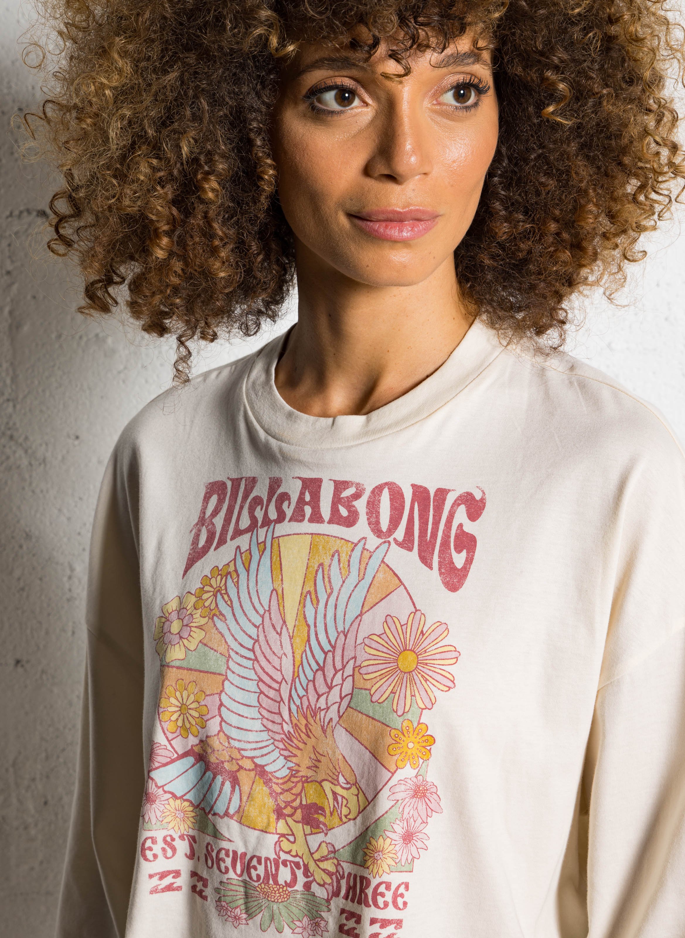 Tee-shirt crop col rond imprimé en coton BILLABONG Beige