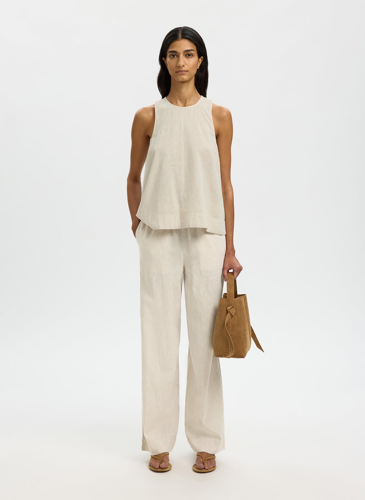 Round-neck top in blended linen and organic cotton SELECTED Beige