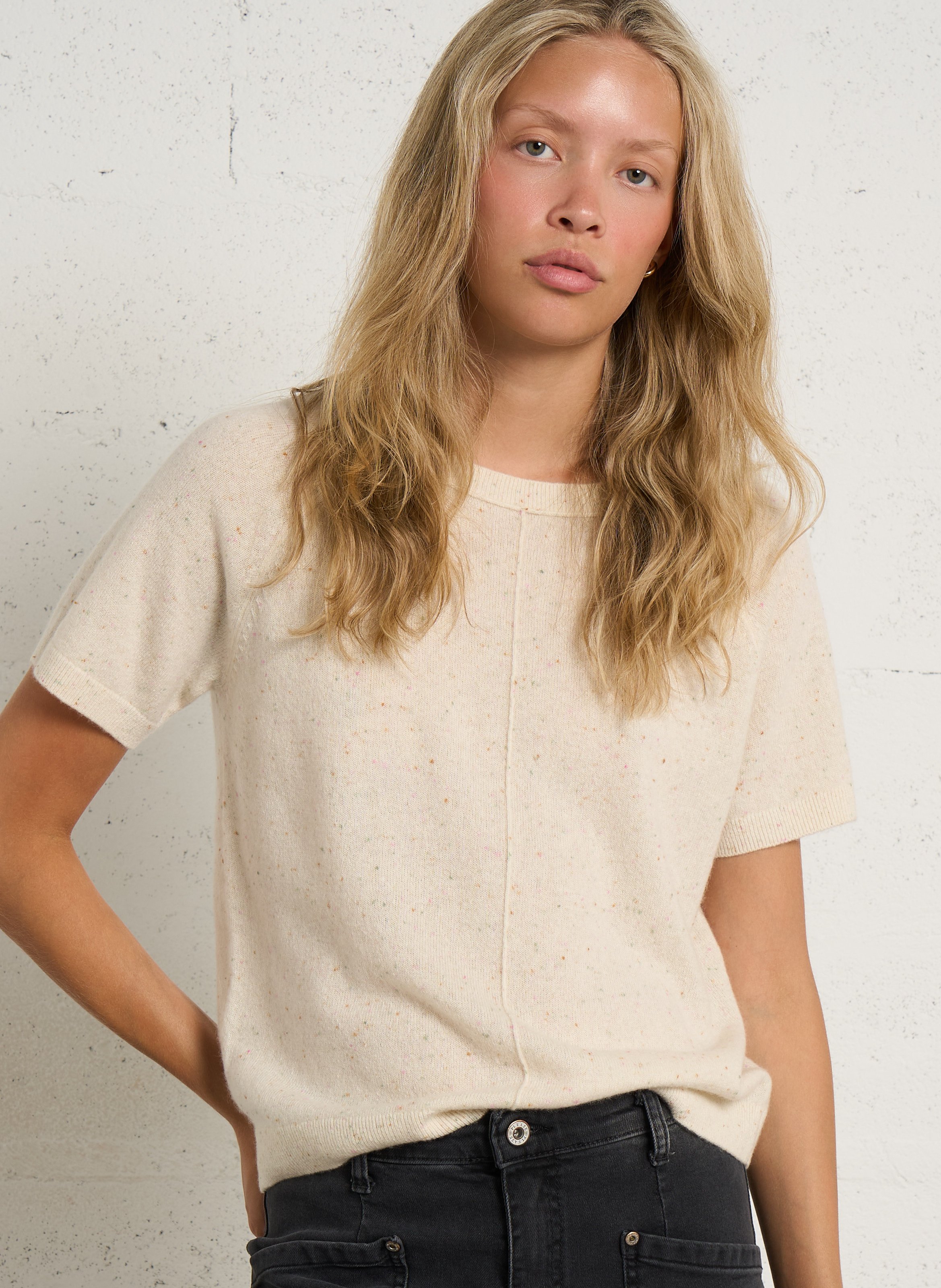 Jersey recto cuello redondo moteado de cachemira MAISON 123 Beige