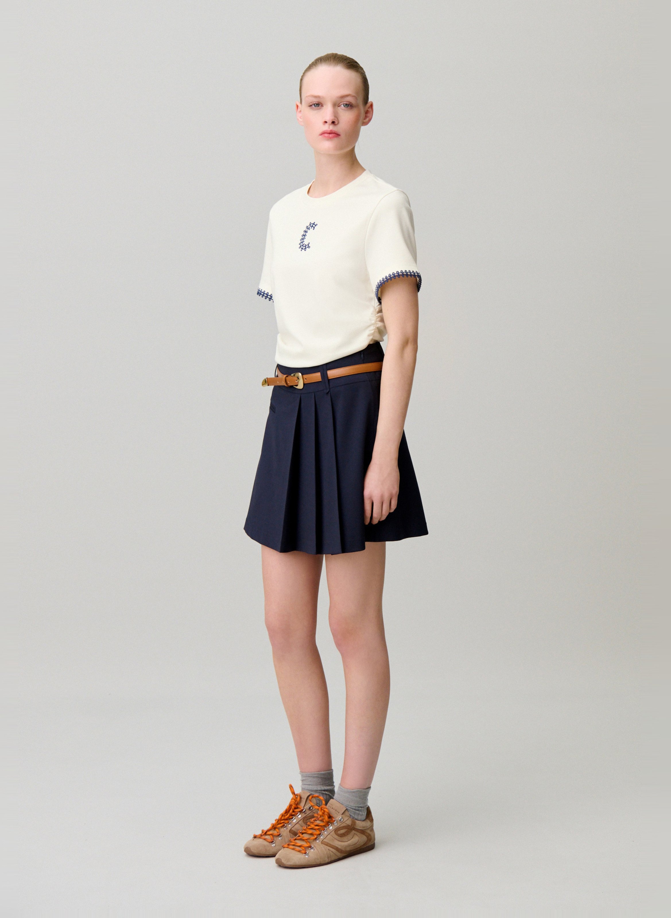 Tee-shirt droit col rond brodé CLAUDIE PIERLOT Beige