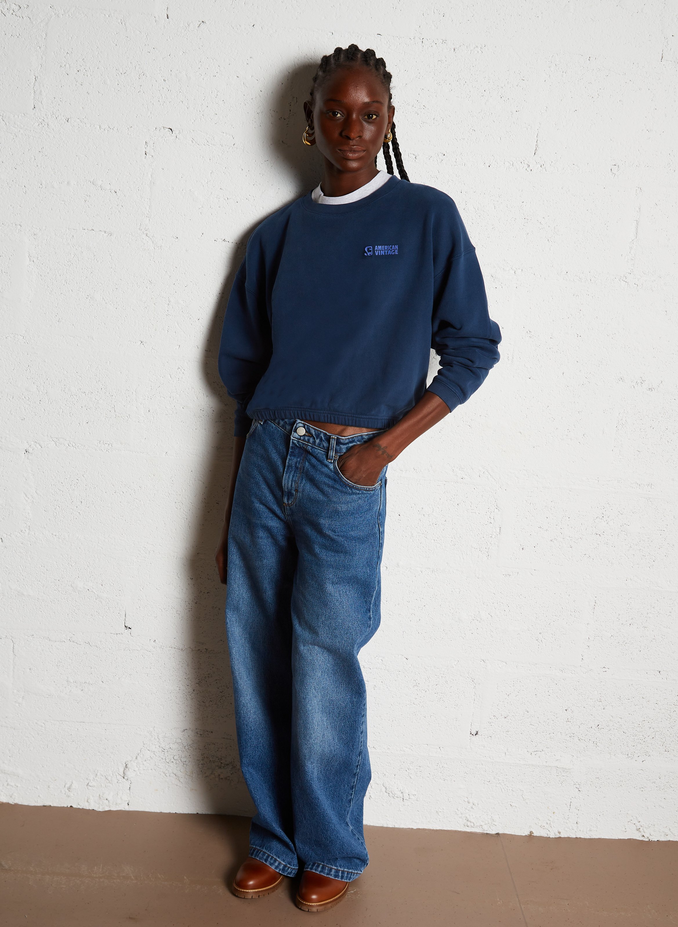 Short round-neck cotton-blend sweatshirt AMERICAN VINTAGE Blue