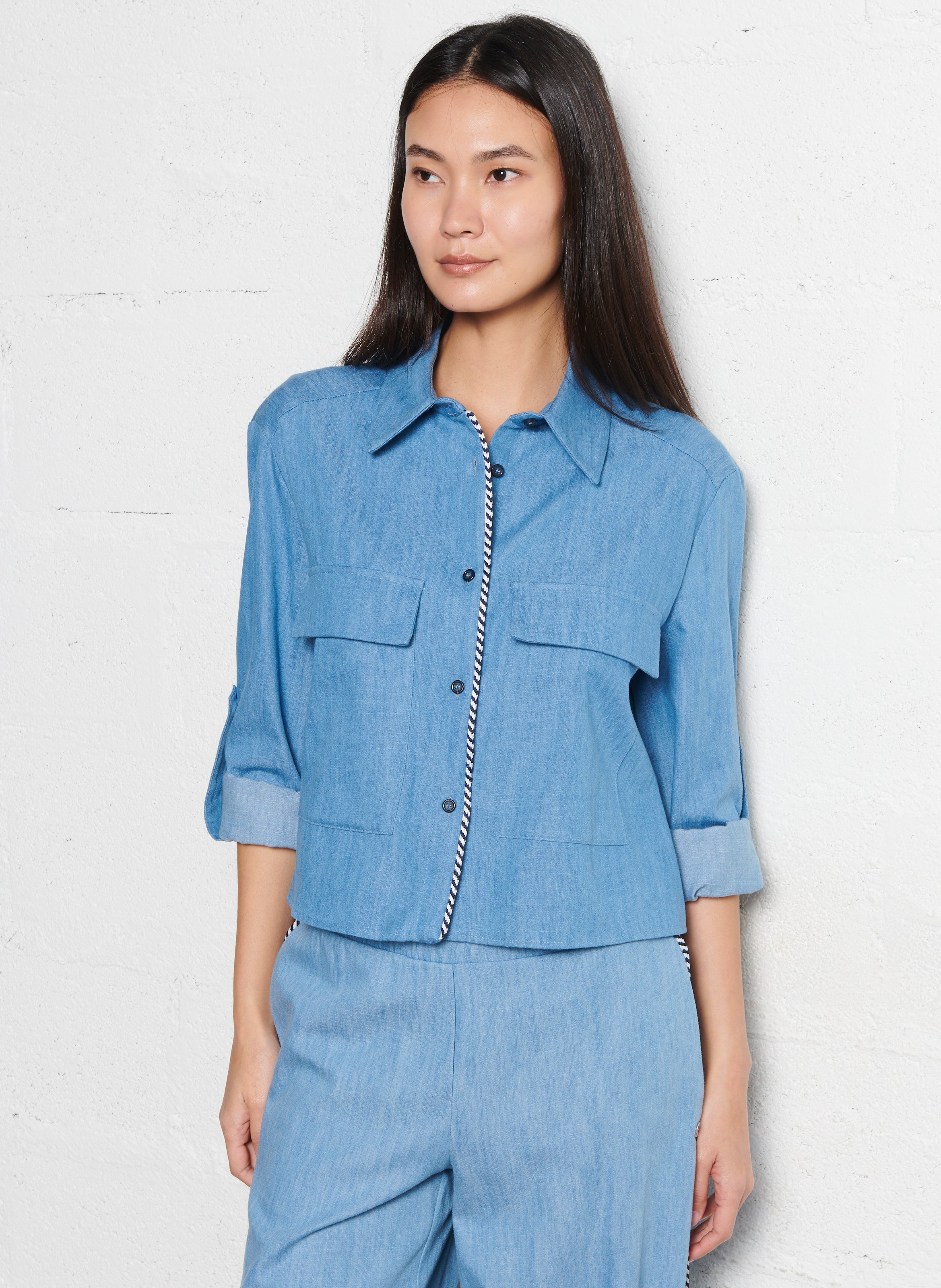 Cotton and linen shirt with classic collar PLEASE Blue