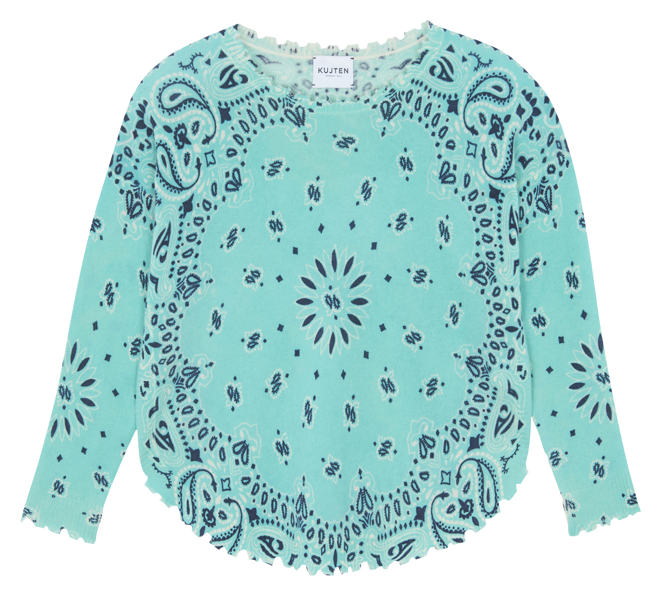 Pull droit col bateau motif bandana en cachemire KUJTEN Vert