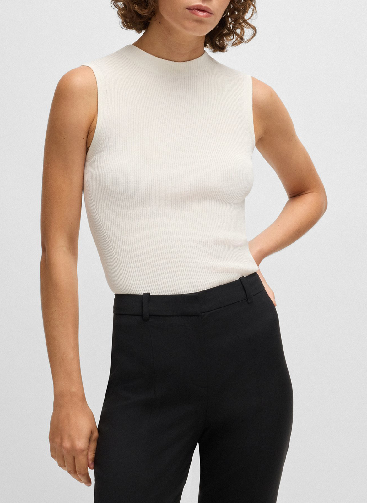 Tee-shirt côtelé sans manches à bords-côtes BOSS Beige