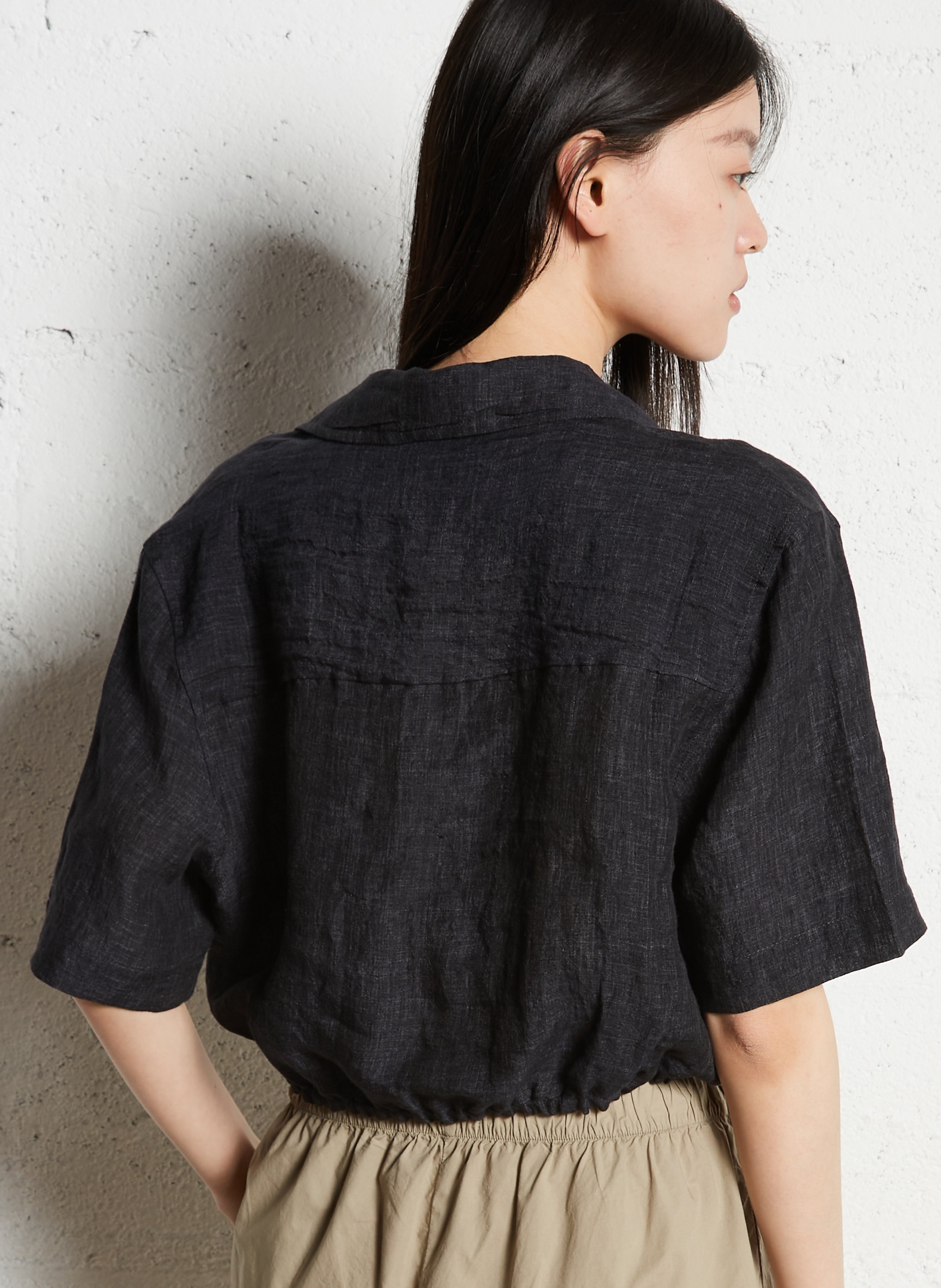 Elasticated short linen blouse MASSCOB Black