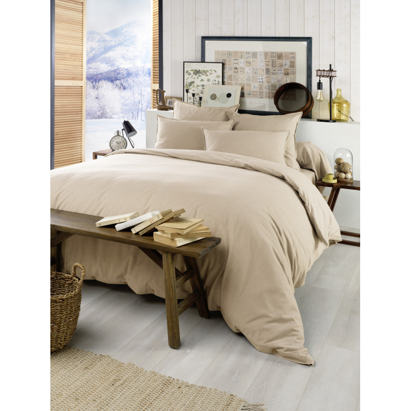 "Candice" duvet cover in cotton flannel, all sizes. L'EFFET PAPILLON Beige