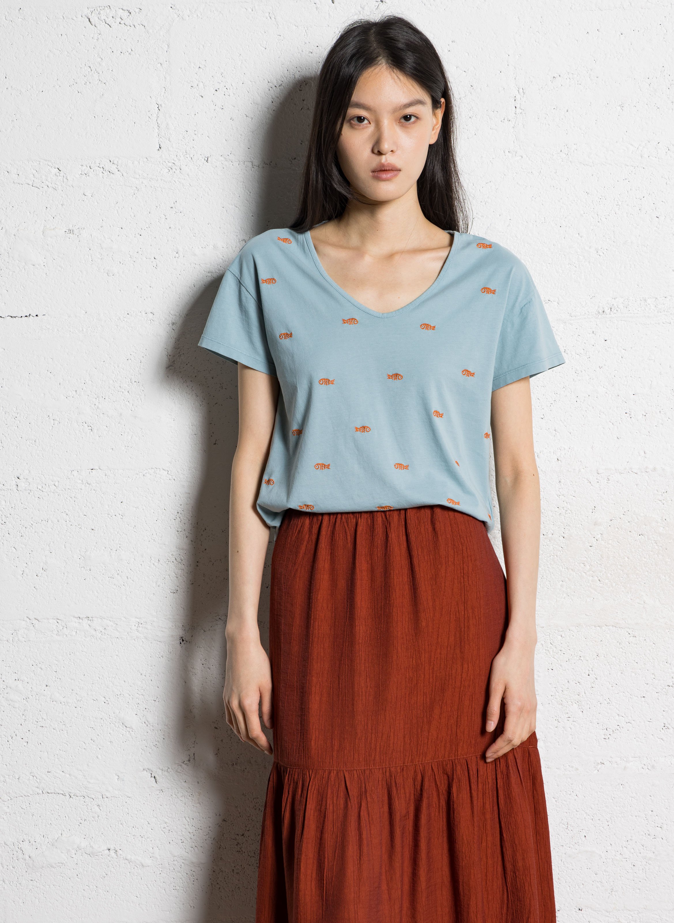 Tee-shirt brodé en coton col rond NICE THINGS Bleu