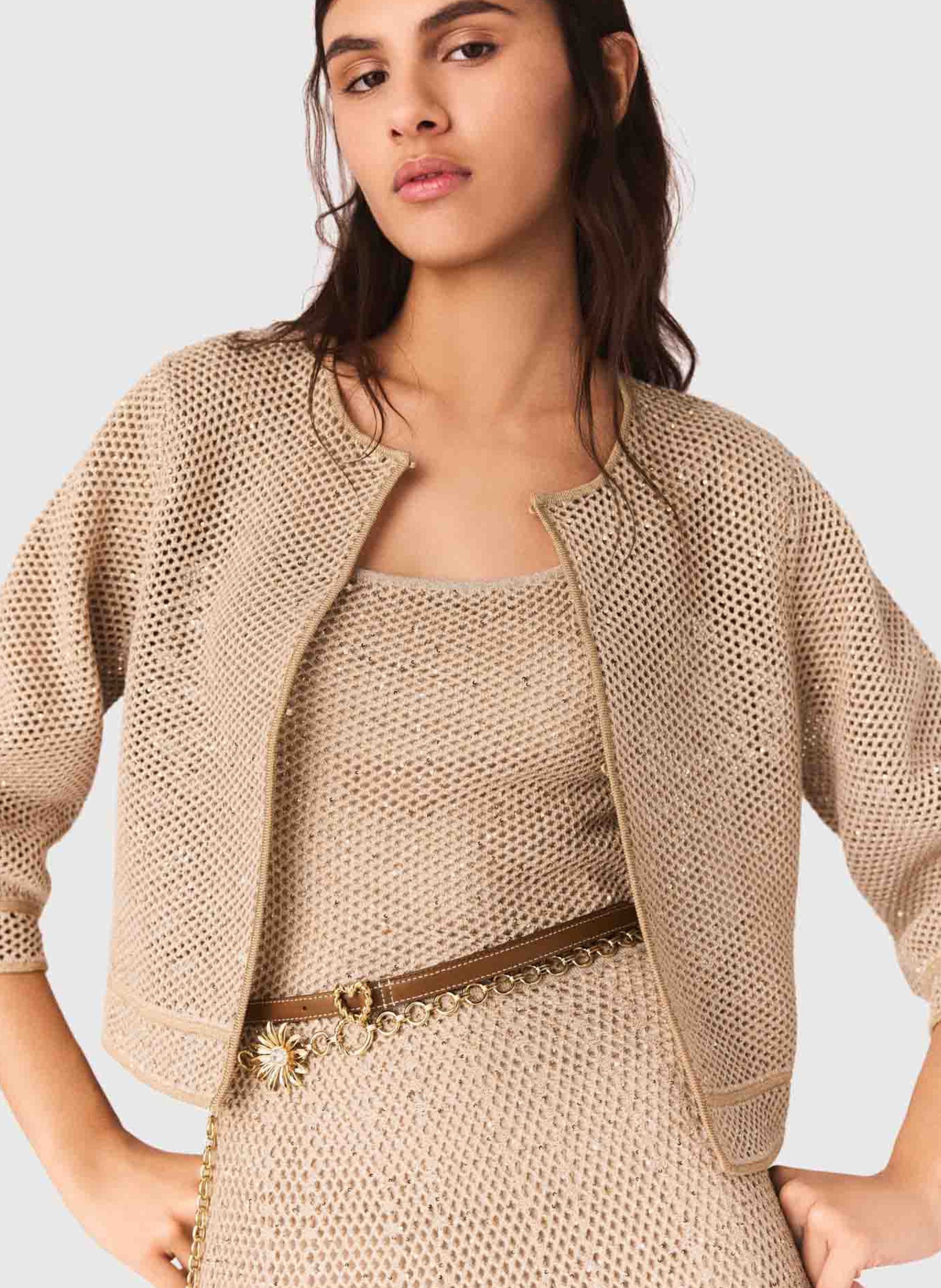 Gilet droit col rond métallisé MAJE Beige