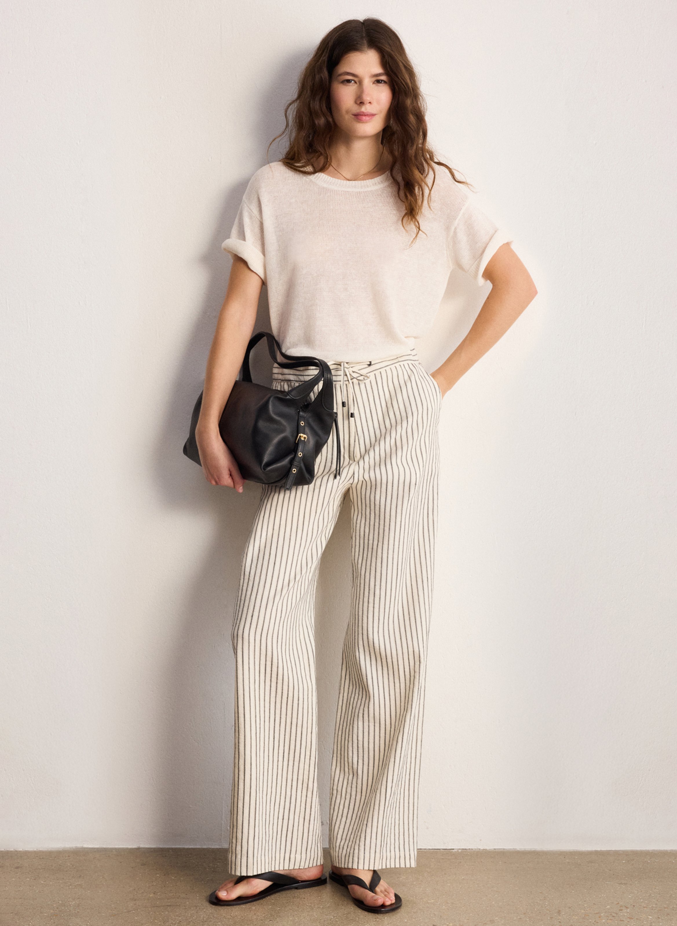 Straight round-neck linen sweater Beige