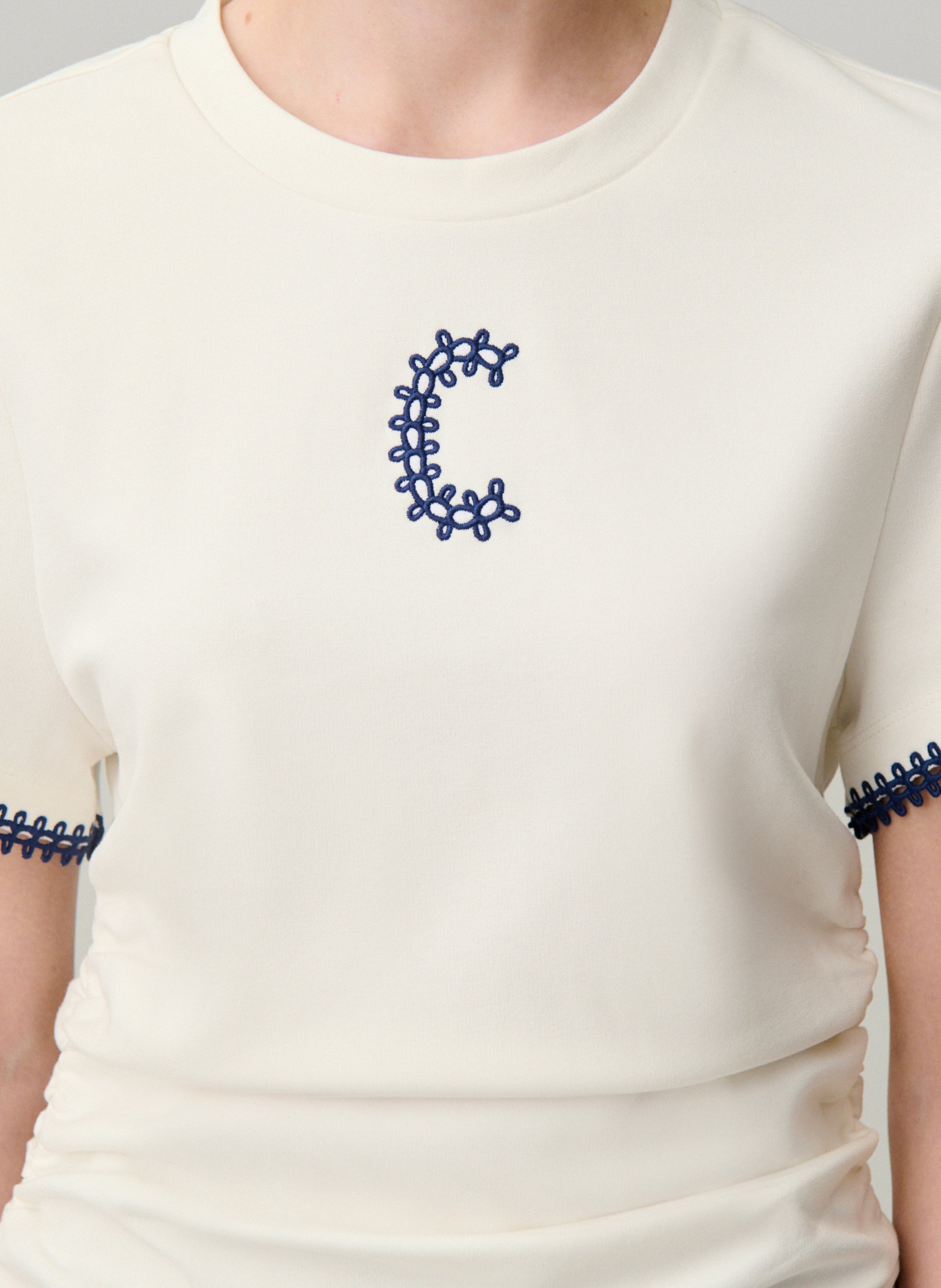 Tee-shirt droit col rond brodé CLAUDIE PIERLOT Beige