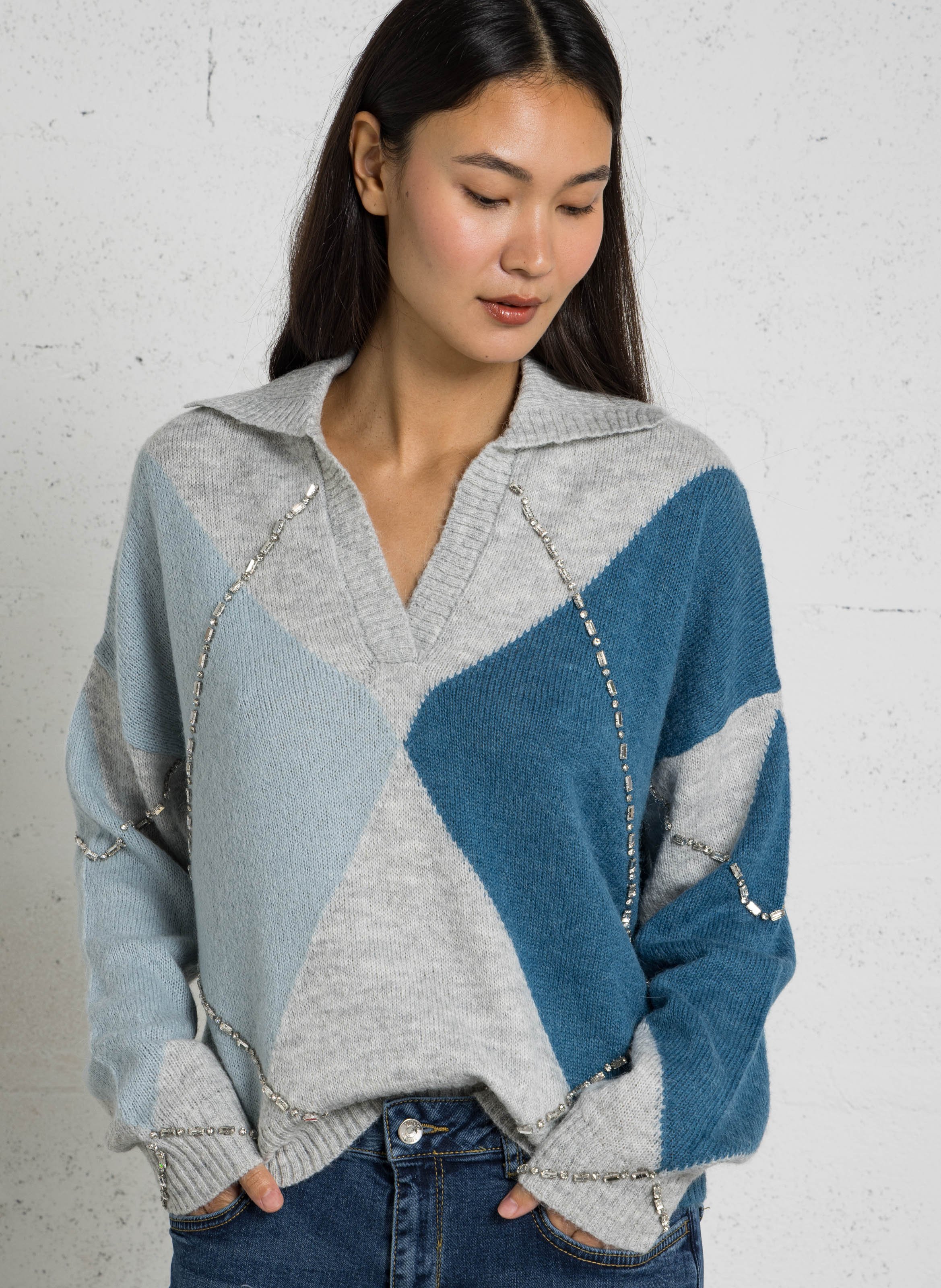Pull col polo ornée de strass LIU JO Bleu