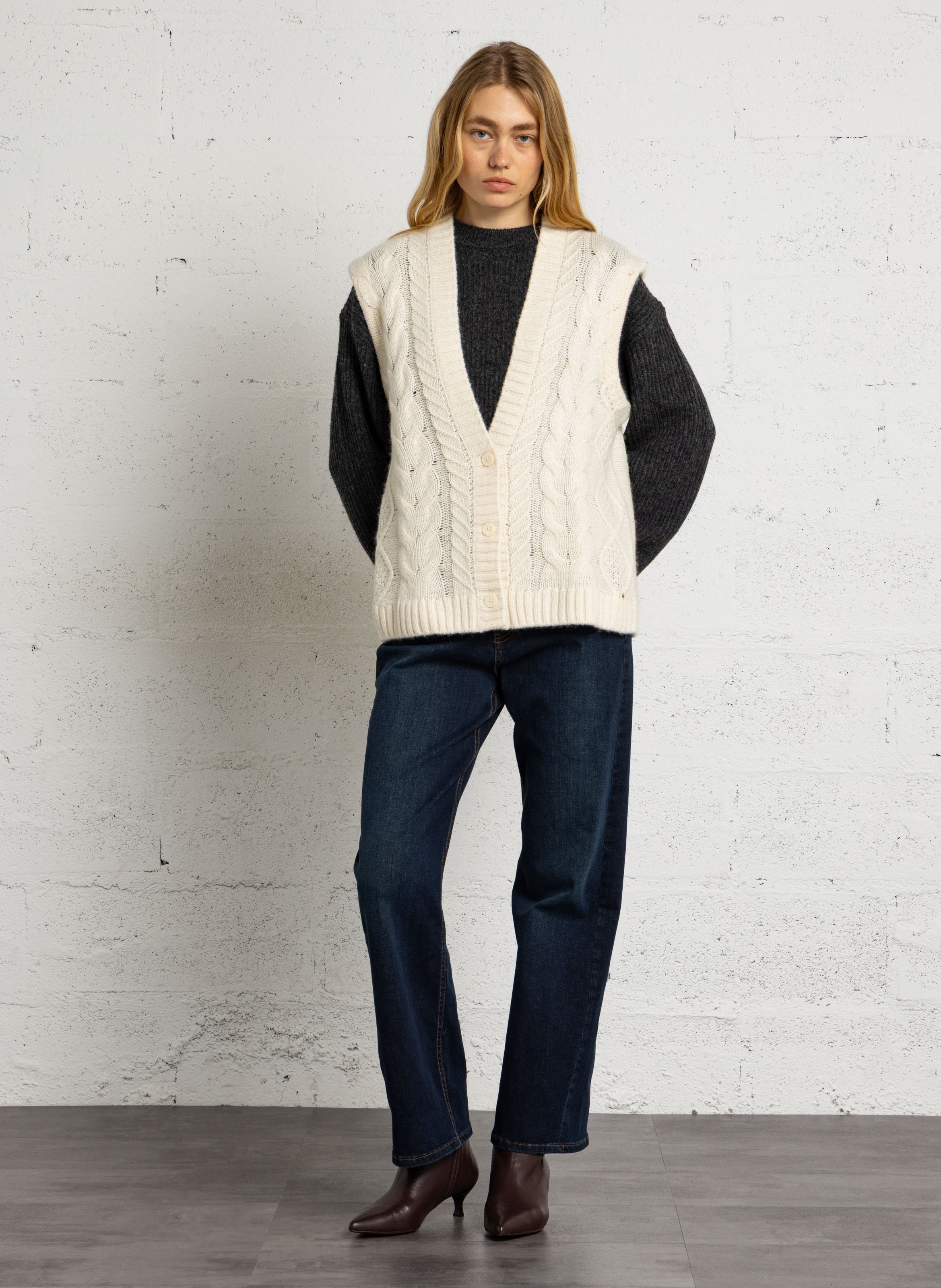 Gilet sans manches droit en laine et coton DES PETITS HAUTS Beige