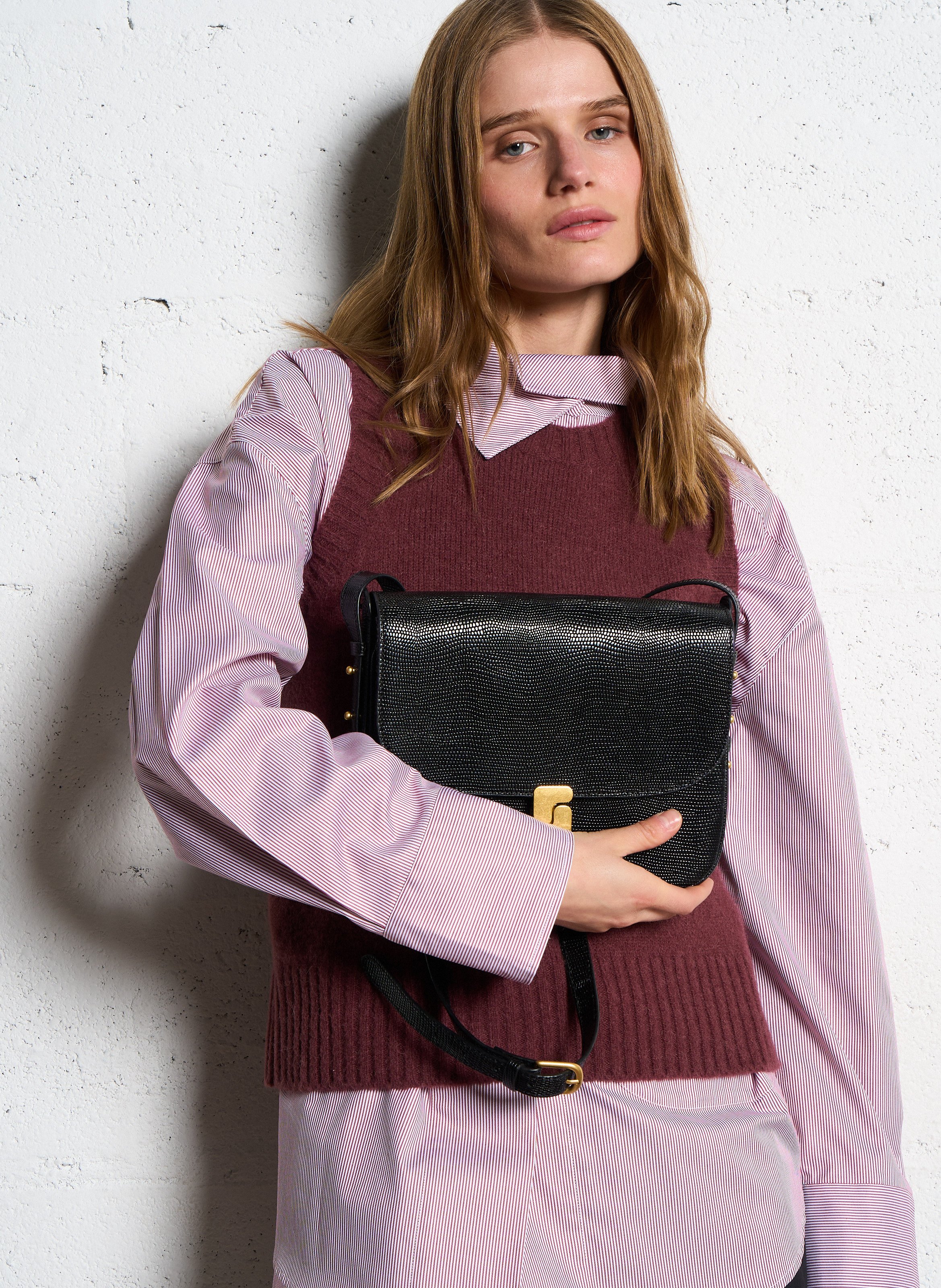 Lizard embossed leather shoulder bag SOEUR Black