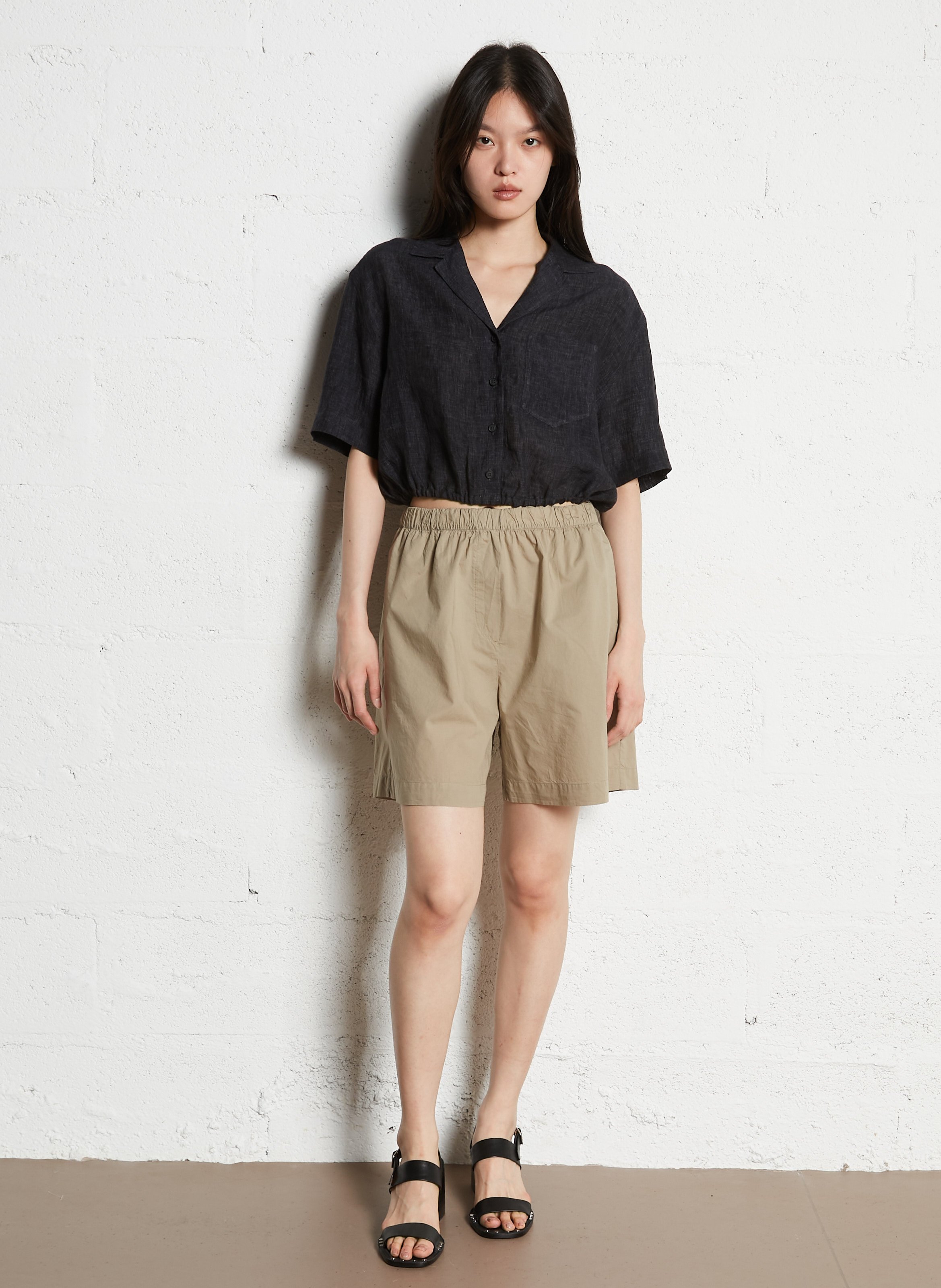 Elasticated short linen blouse MASSCOB Black