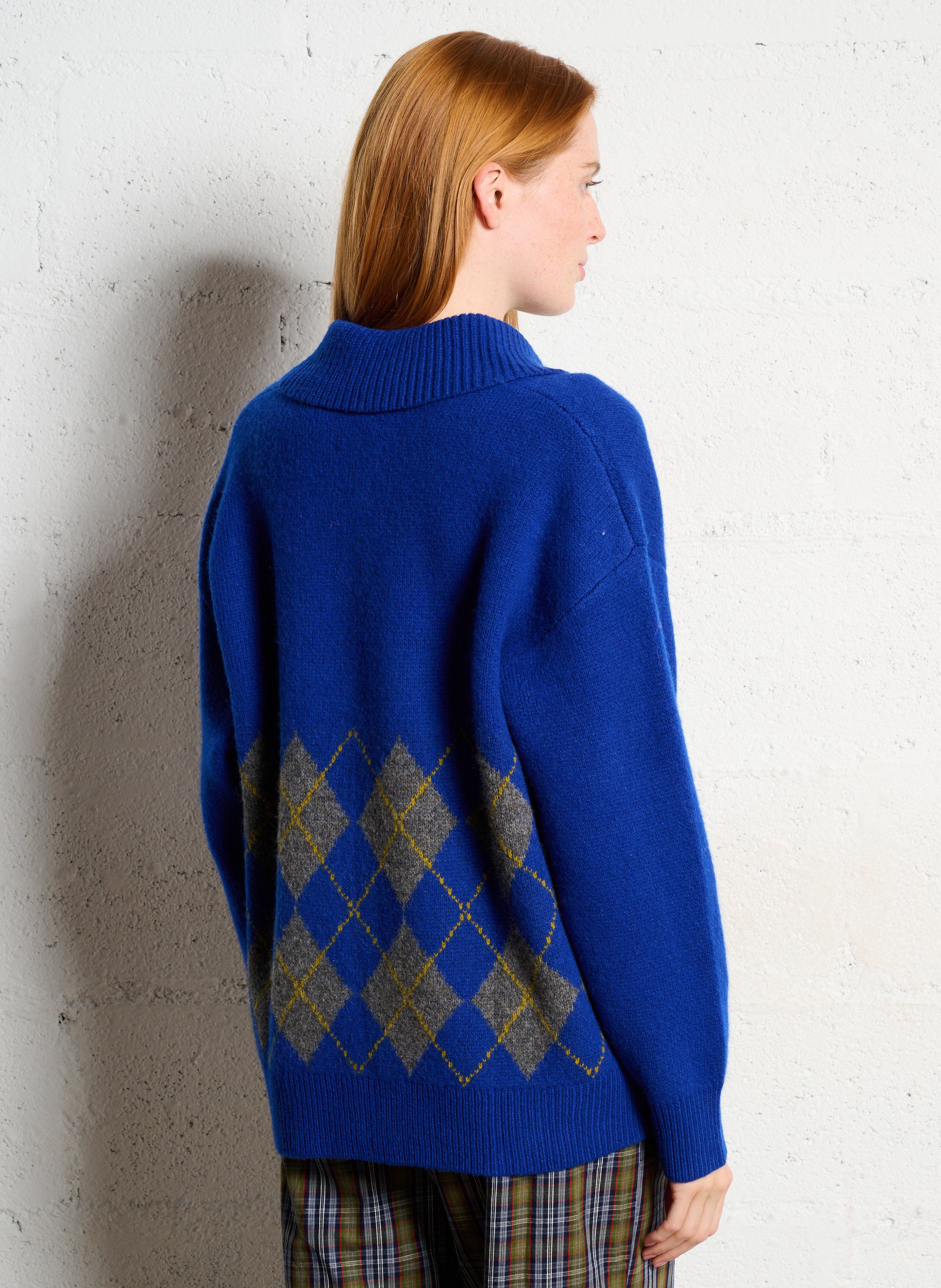 Pull col classique jacquard en laine DAMSON MADDER Bleu