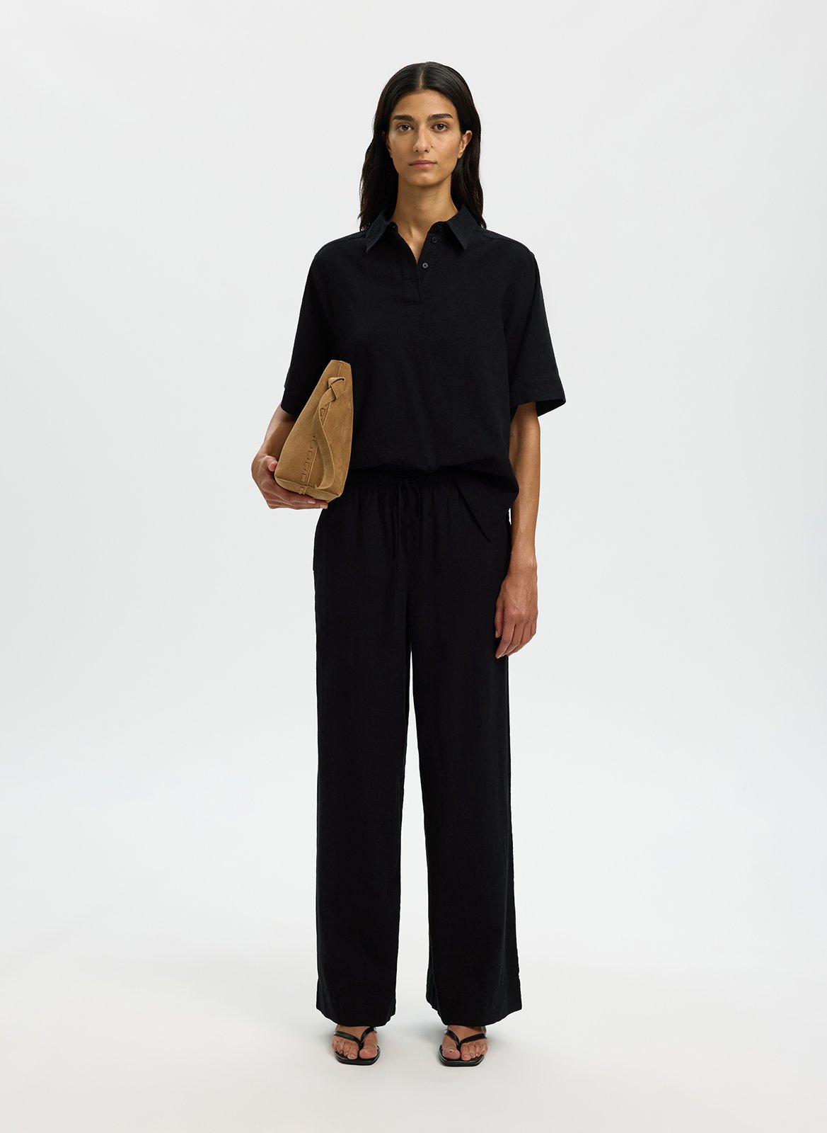 Wijde broek van linnen en biologisch katoen SELECTED Zwart