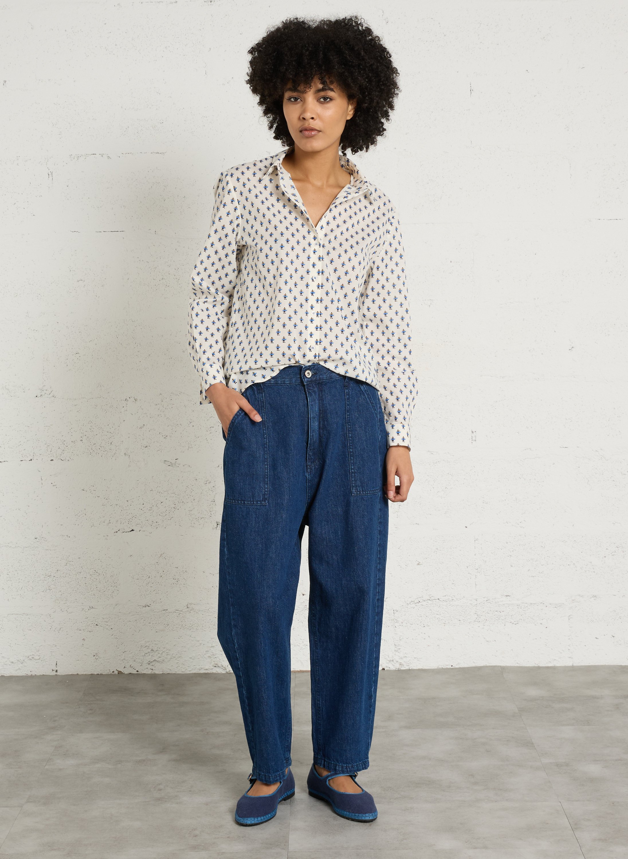 Straight printed cotton shirt with classic collar MAISON 123 White