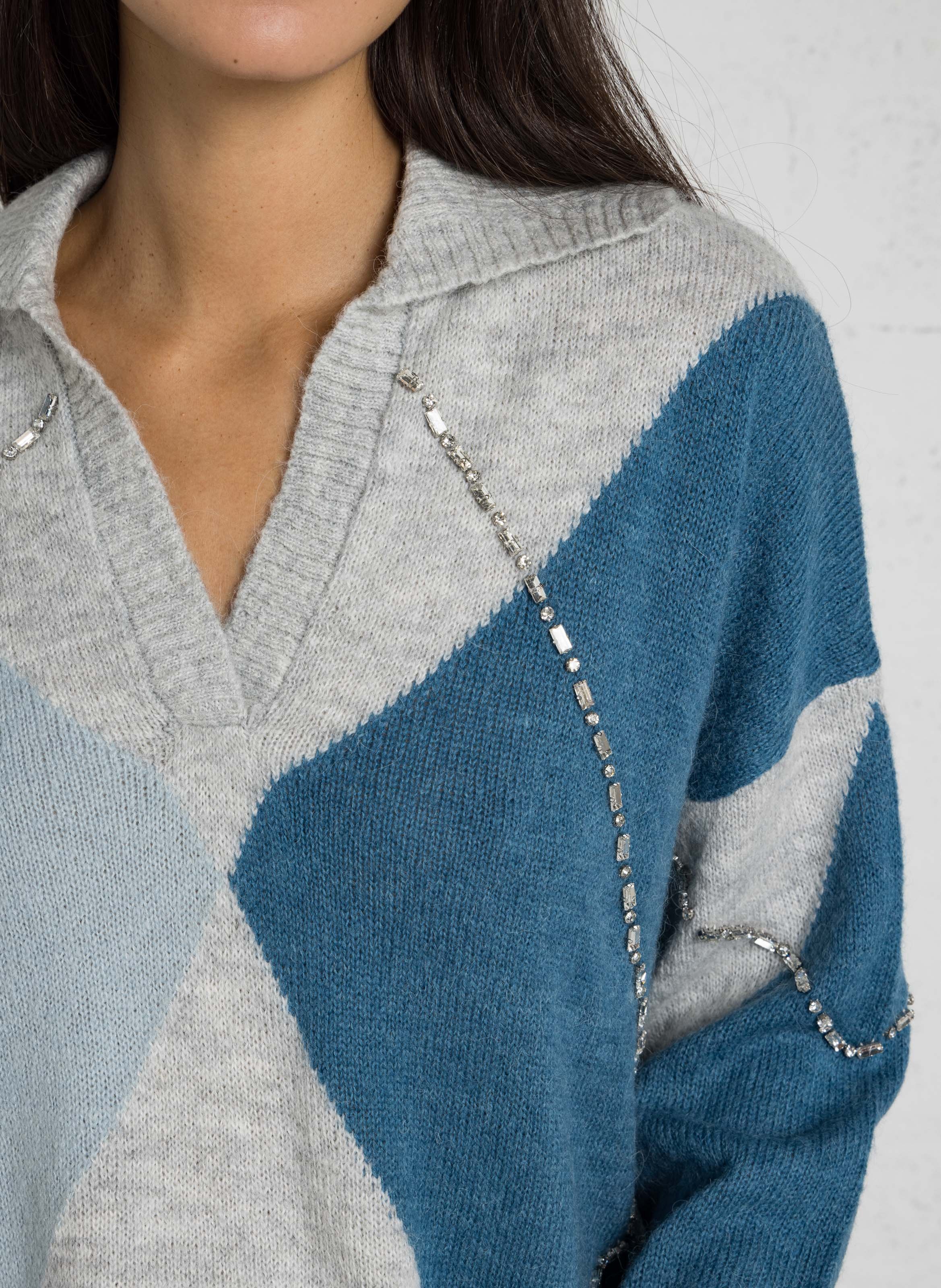 Pull col polo ornée de strass LIU JO Bleu