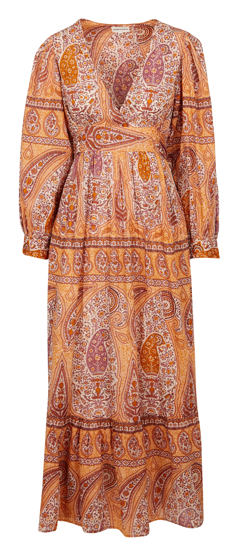 Langes, tailliertes Kleid mit V-Ausschnitt aus Baumwolle ANTIK BATIK Orange