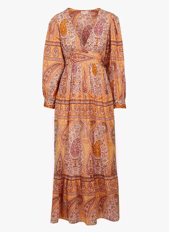 Lange getailleerde jurk van katoen met v-Hals Mango Antik batik