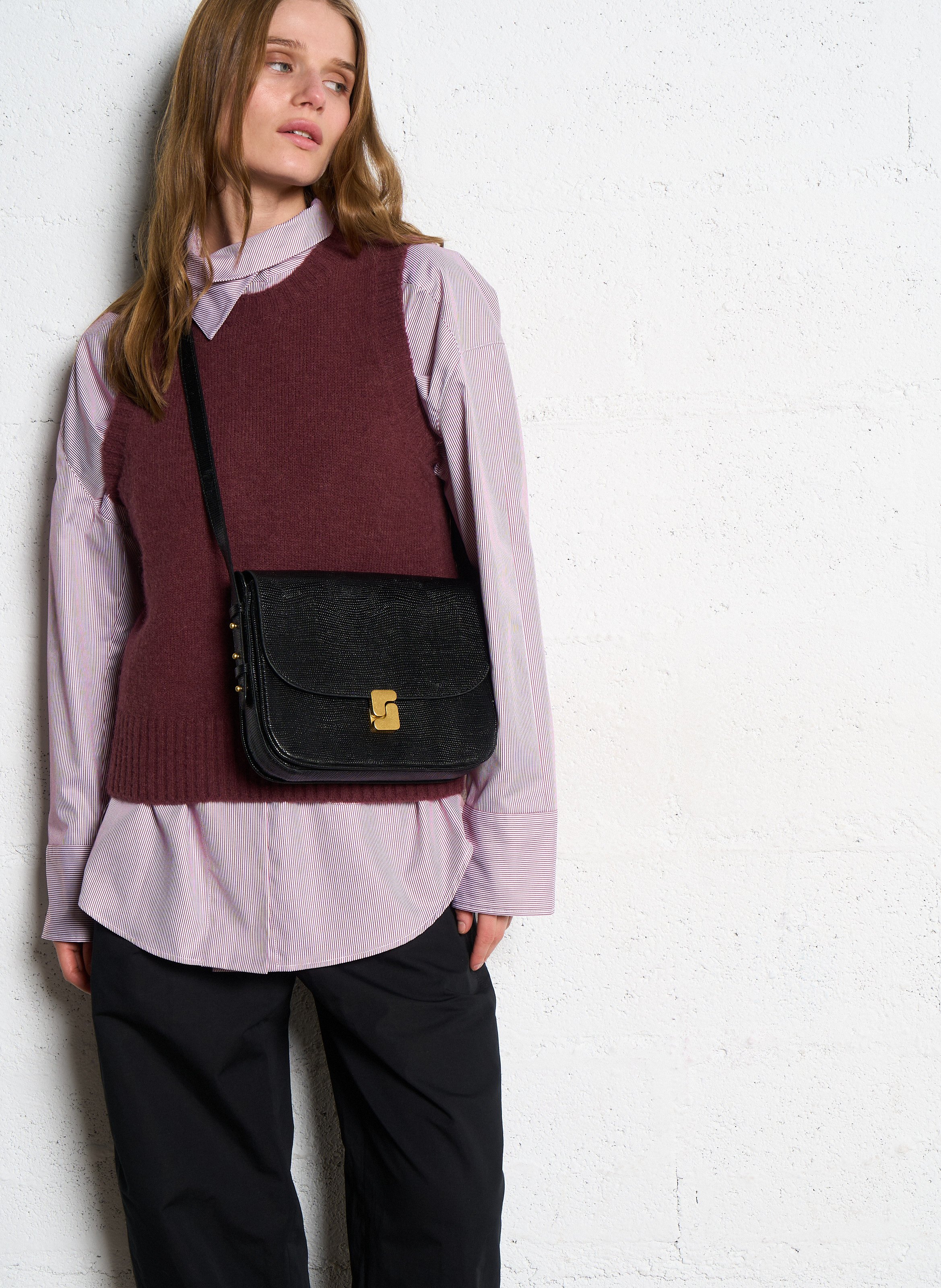 Lizard embossed leather shoulder bag SOEUR Black