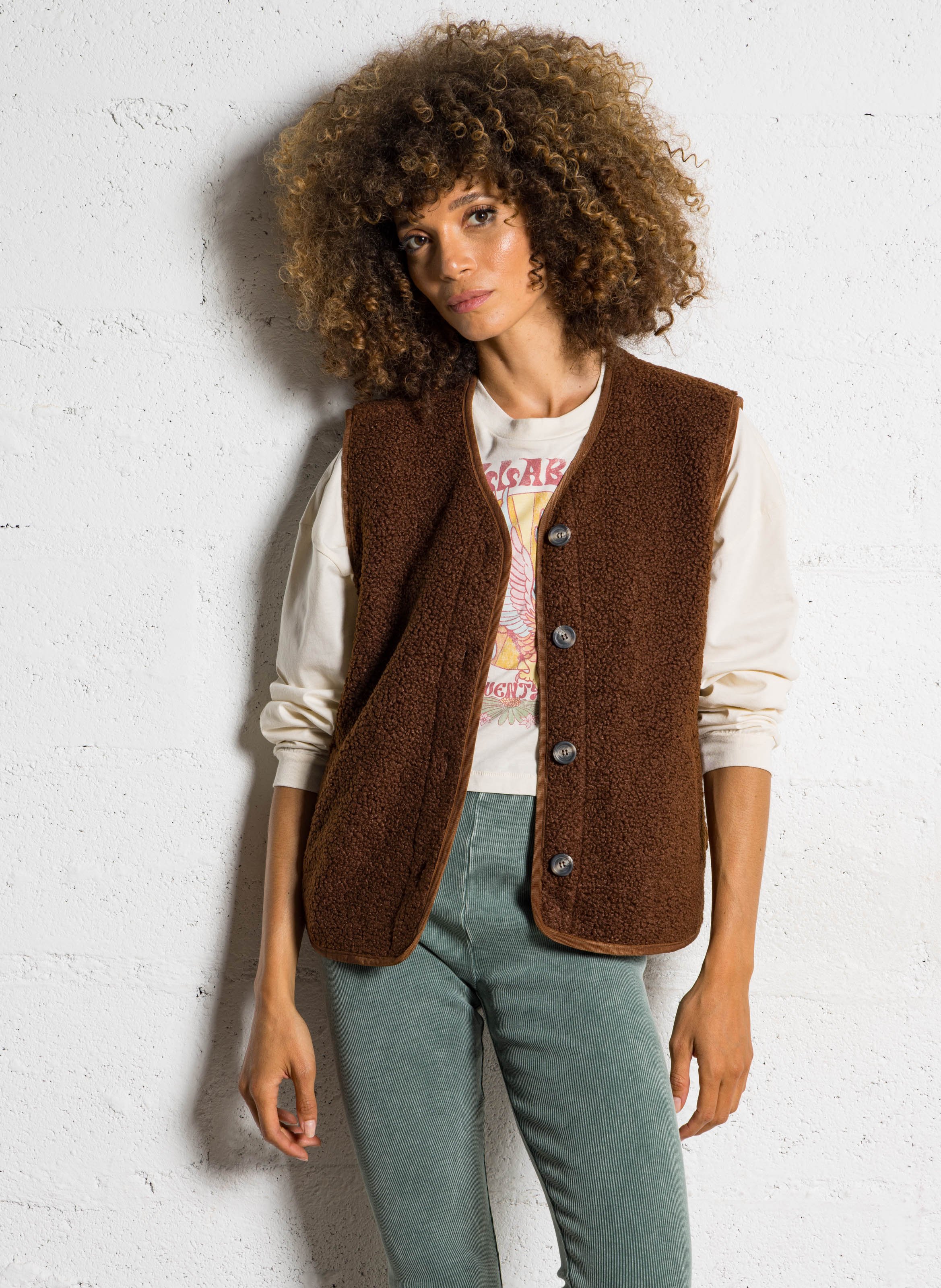 Veste col V en sherpa PLEASE Marron