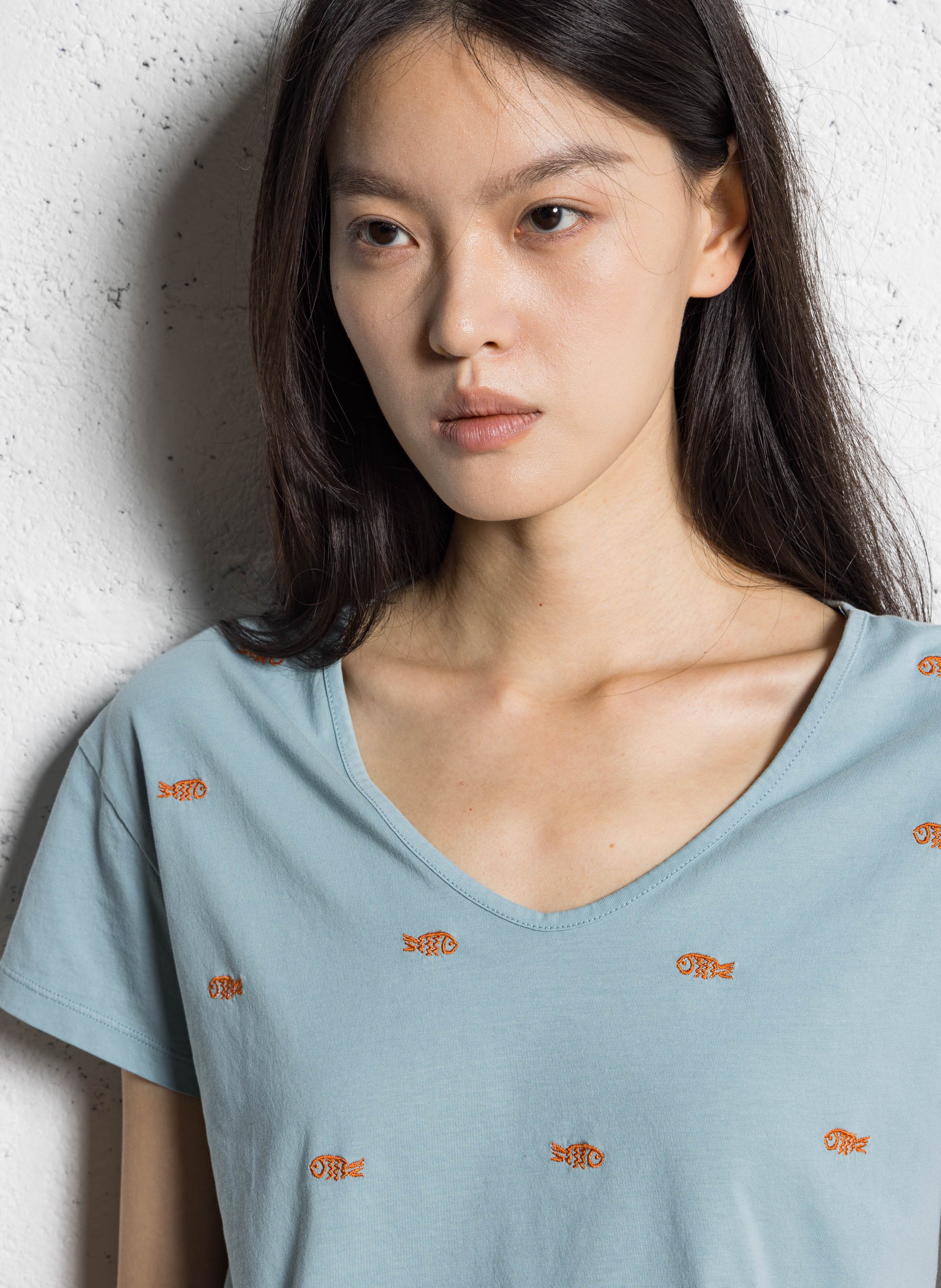 Tee-shirt brodé en coton col rond NICE THINGS Bleu