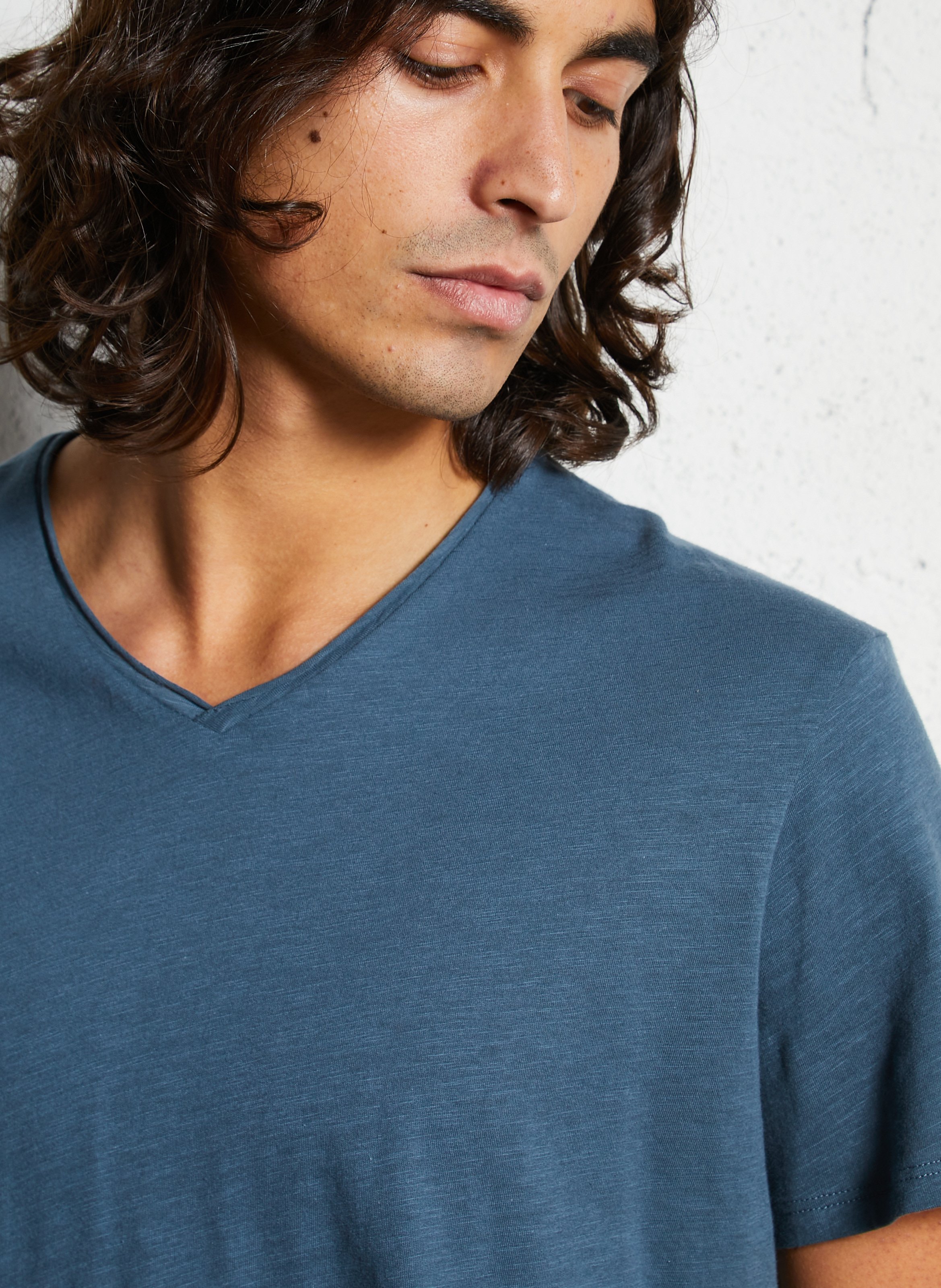 Plain cotton V-neck t-shirt IKKS Blue