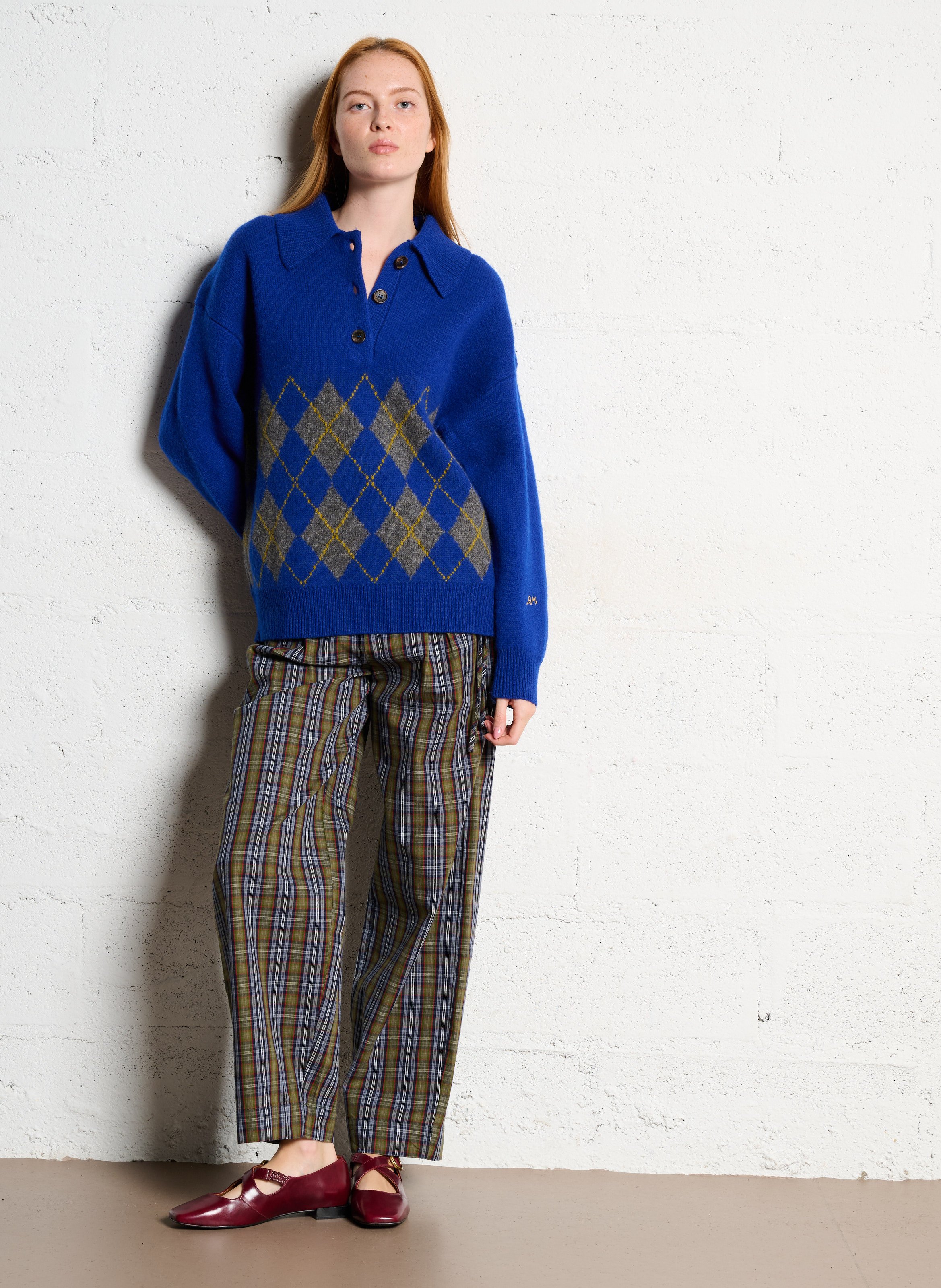 Pull col classique jacquard en laine DAMSON MADDER Bleu