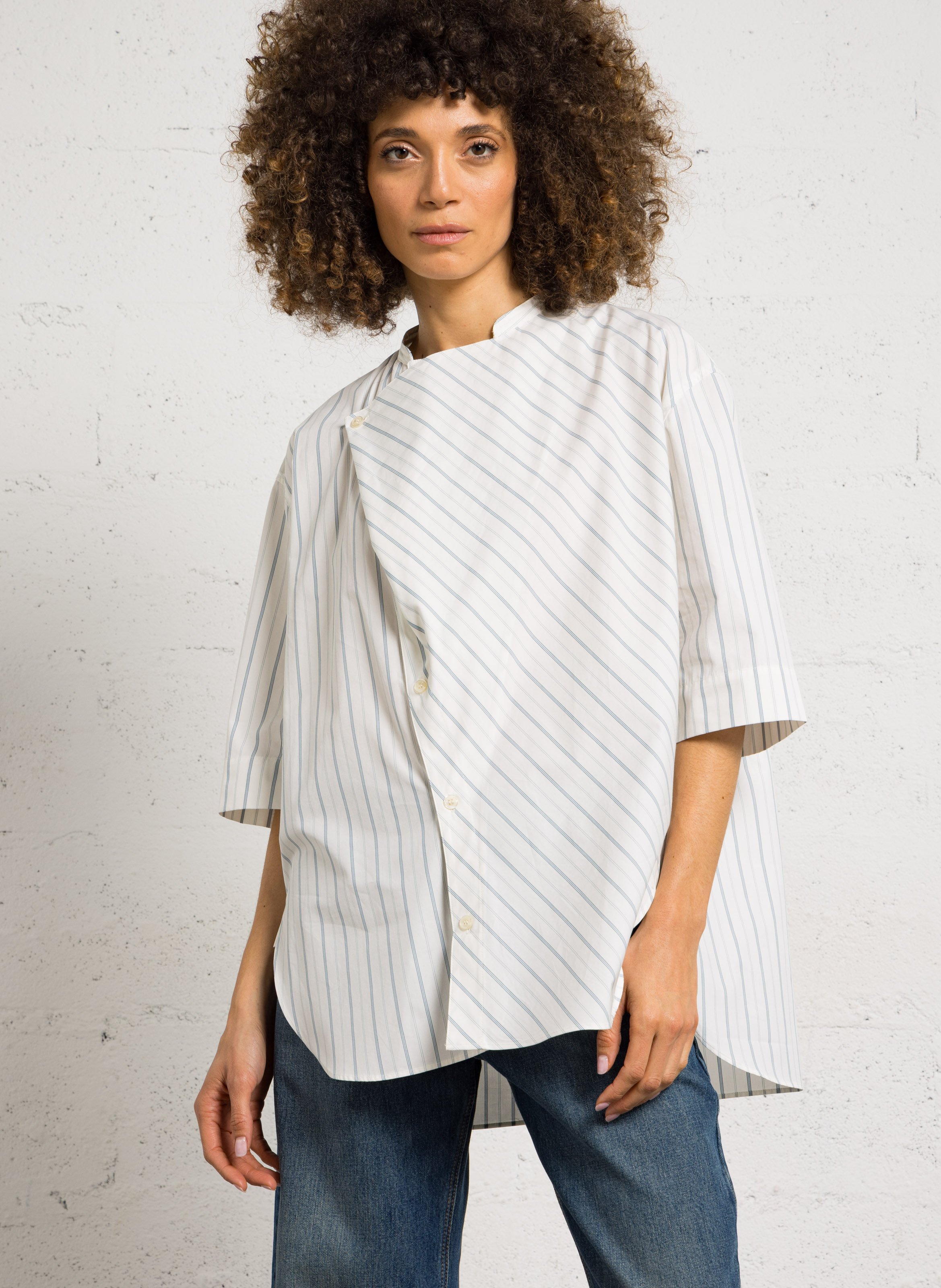Oversized round neck striped cotton blouse SOEUR Beige