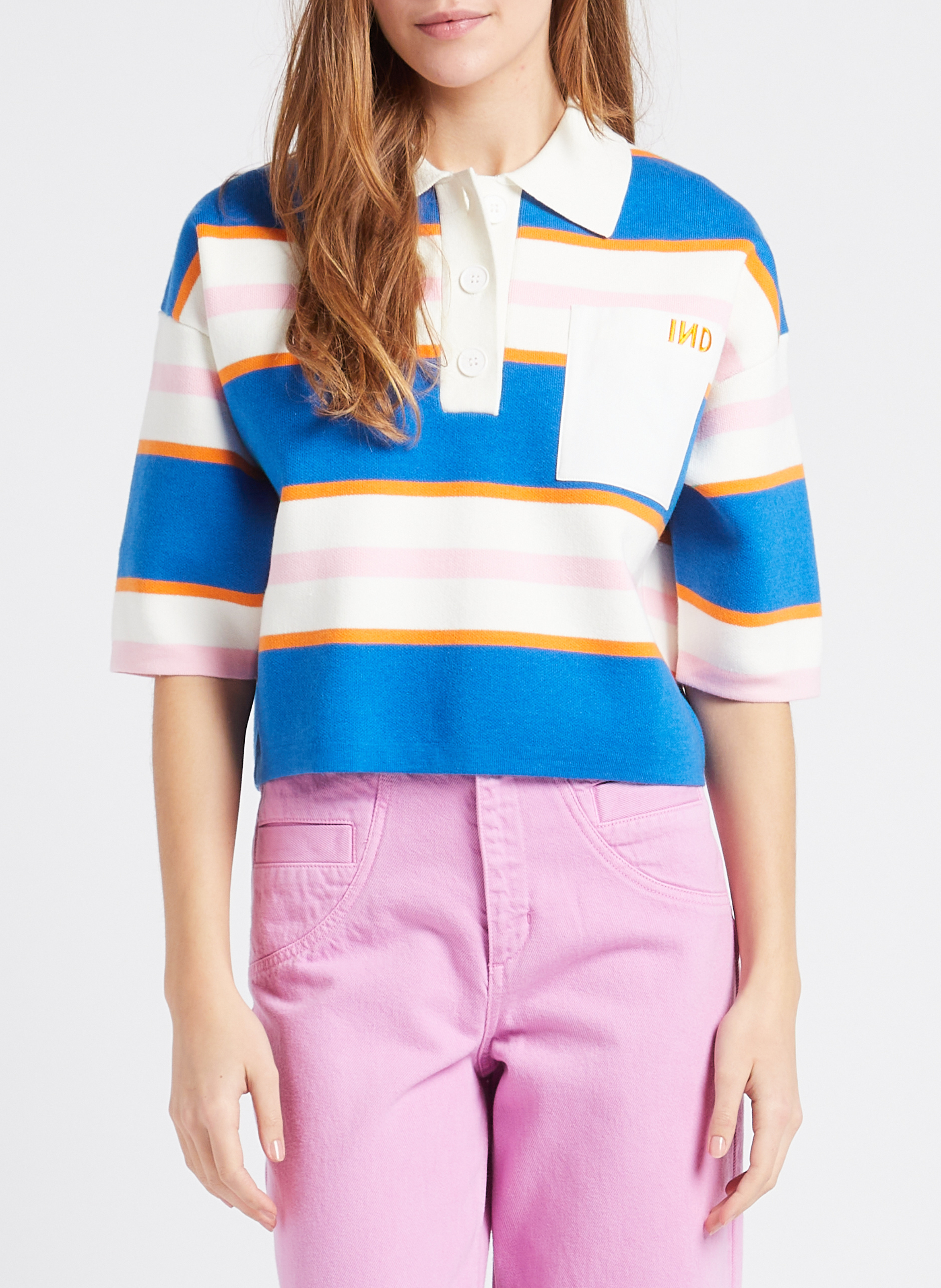 Gerade geschnittener Strickpullover mit klassischem Kragen und Streifen INDEE Blau