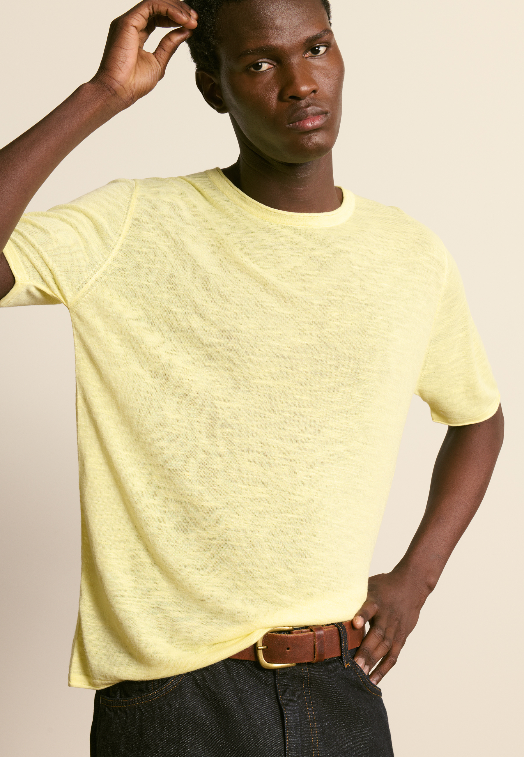 T-shirt col rond en lin flammé MAISON MONTAGUT Jaune