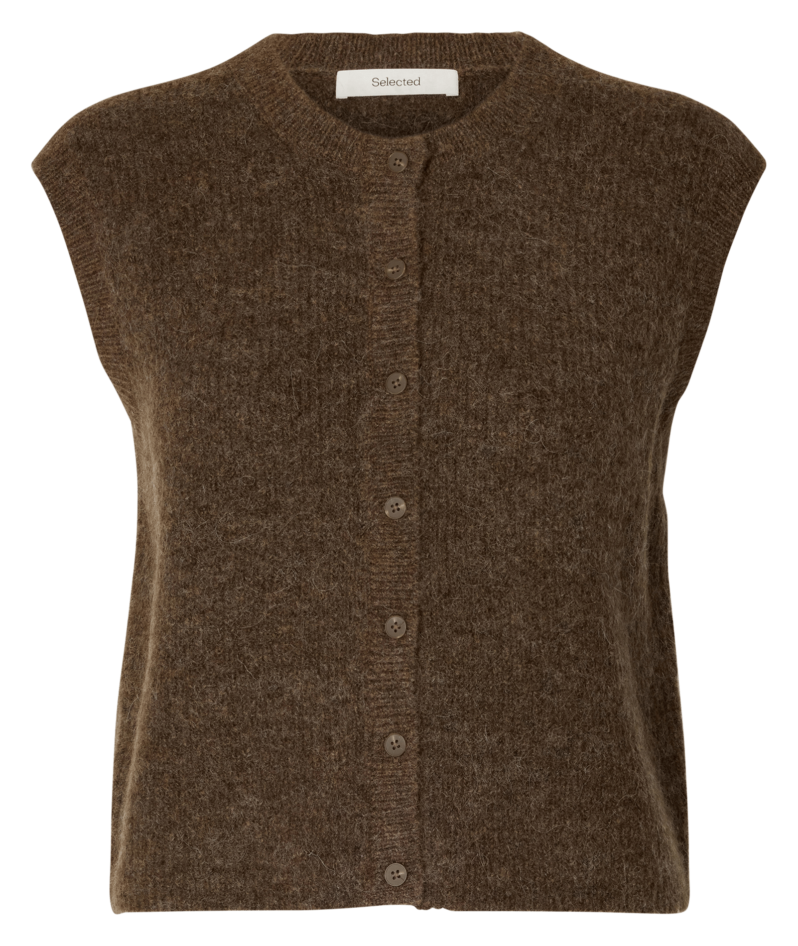 Gilet droit col rond en laine mélangée SELECTED Marron