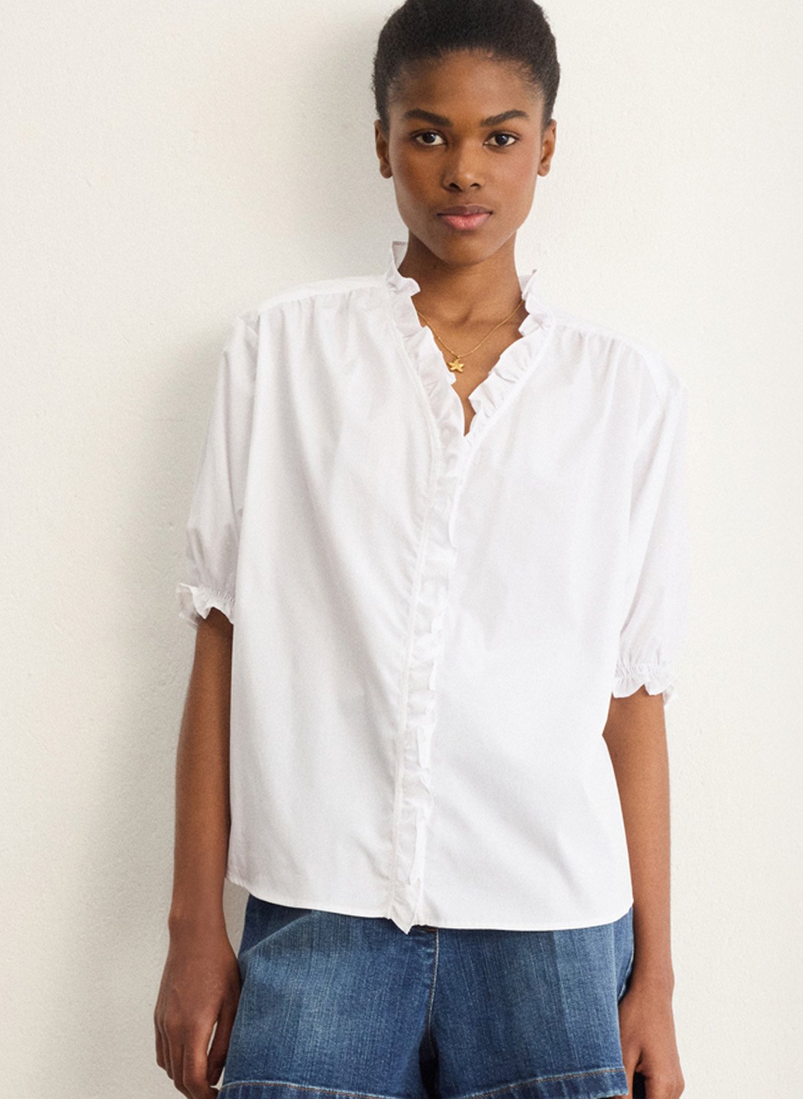 Bluse mit V-Ausschnitt und Volants, einfarbig aus Baumwolle PABLO Weiss