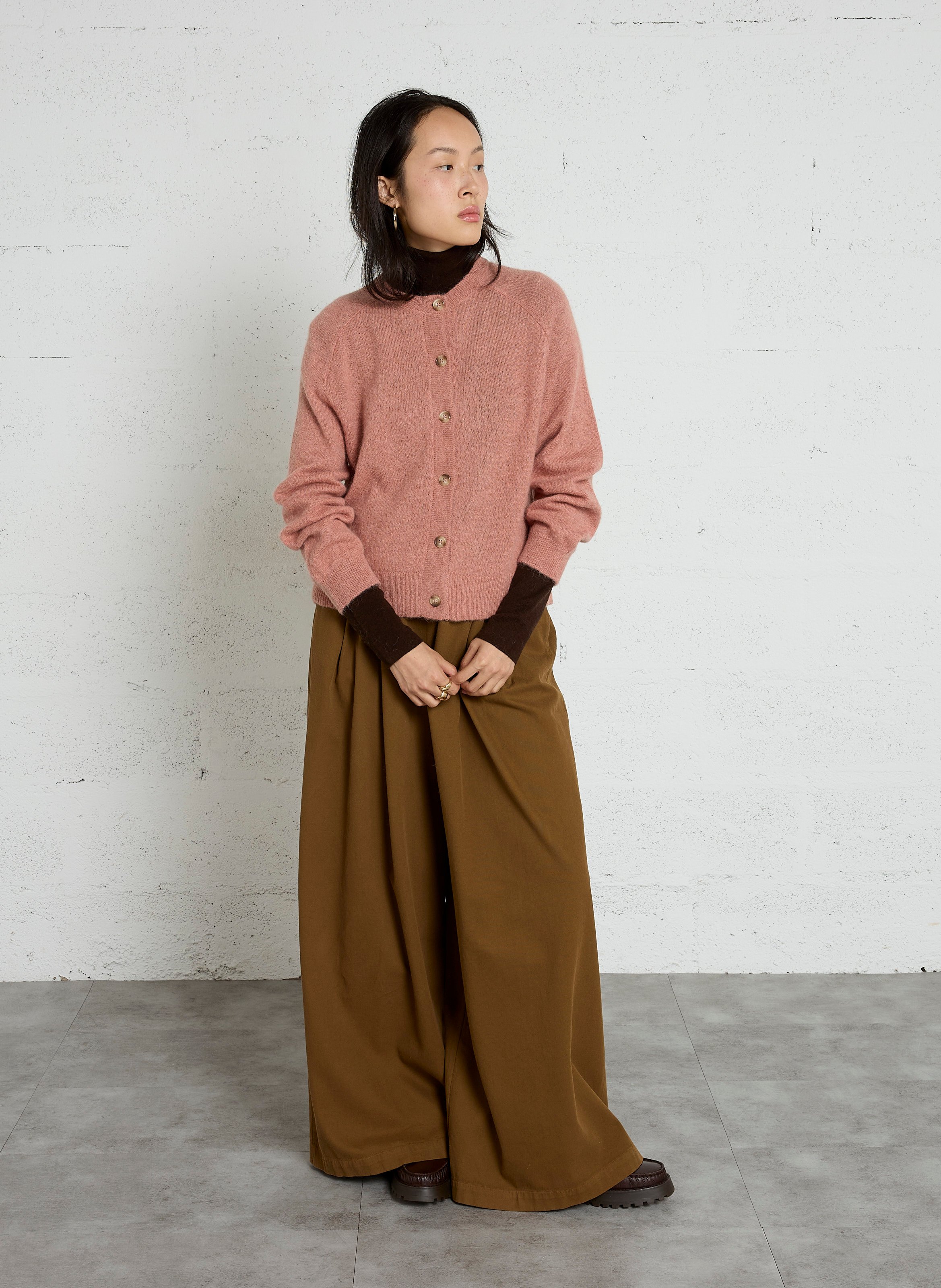 Straight crew-neck cardigan in baby alpaca and silk DES PETITS HAUTS Pink
