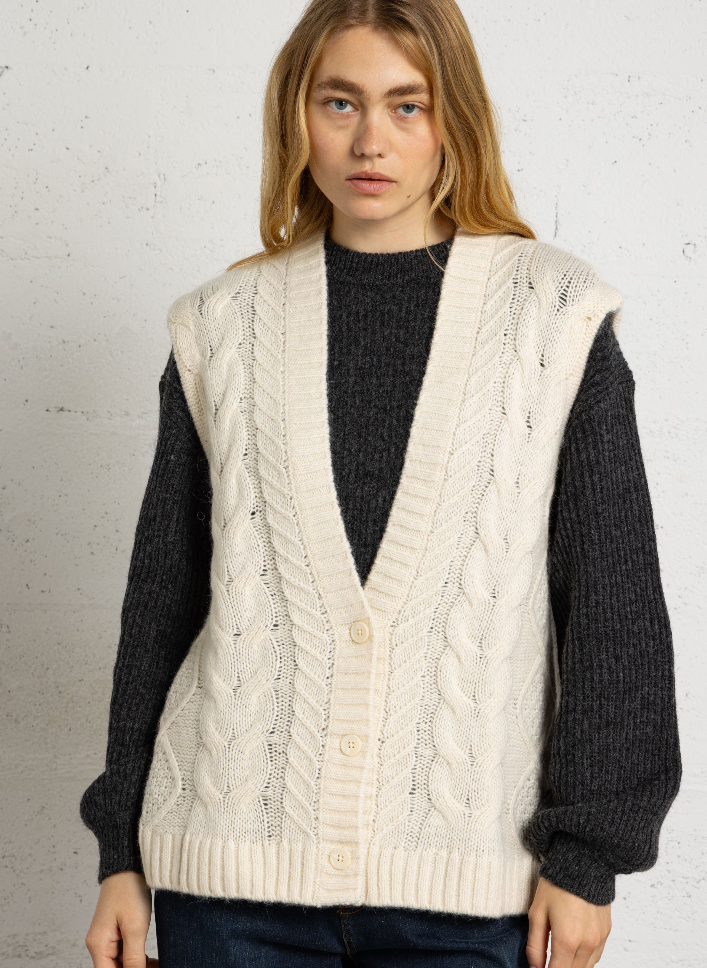 Gilet sans manches droit en laine et coton DES PETITS HAUTS Beige