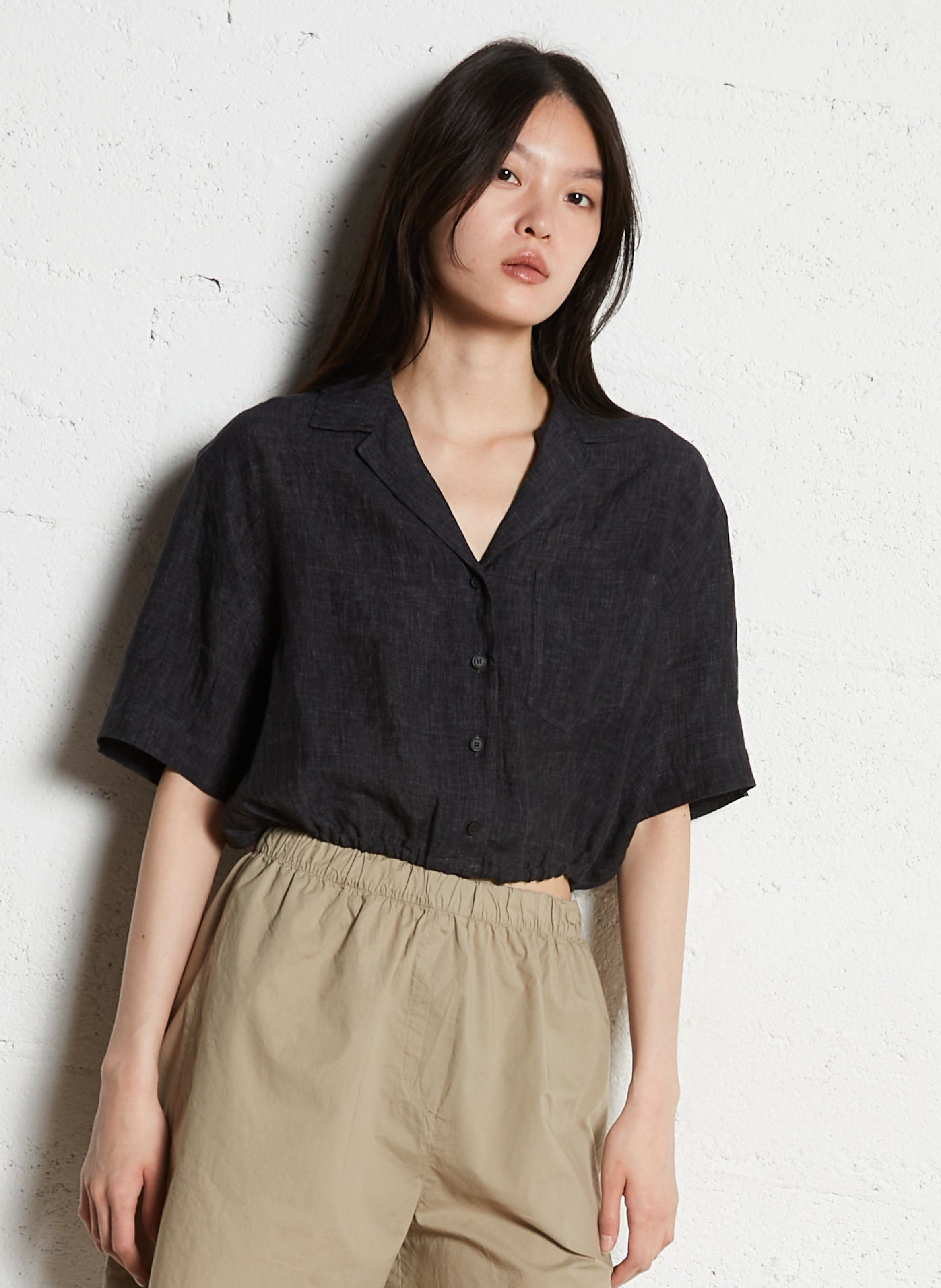 Elasticated short linen blouse MASSCOB Black