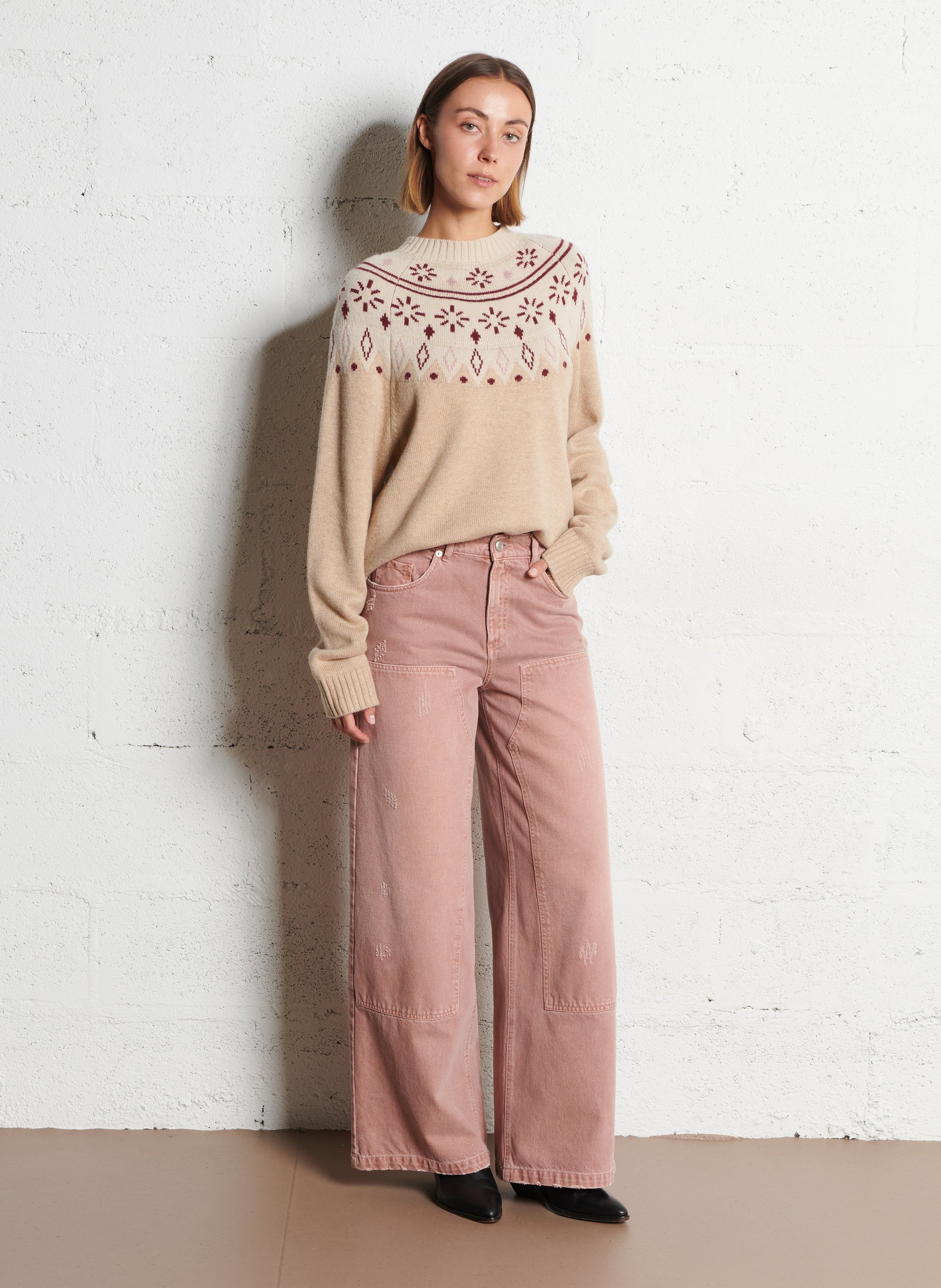 Hoch geschnittene Wide-Leg Jeans mit Used-Effekt IKKS Rosa