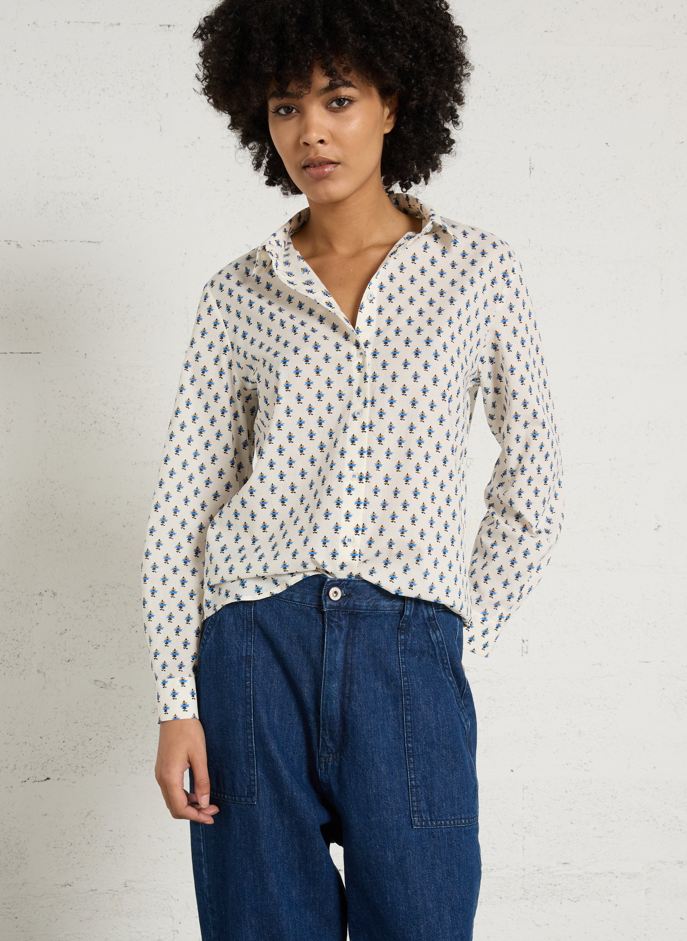 Straight printed cotton shirt with classic collar MAISON 123 White