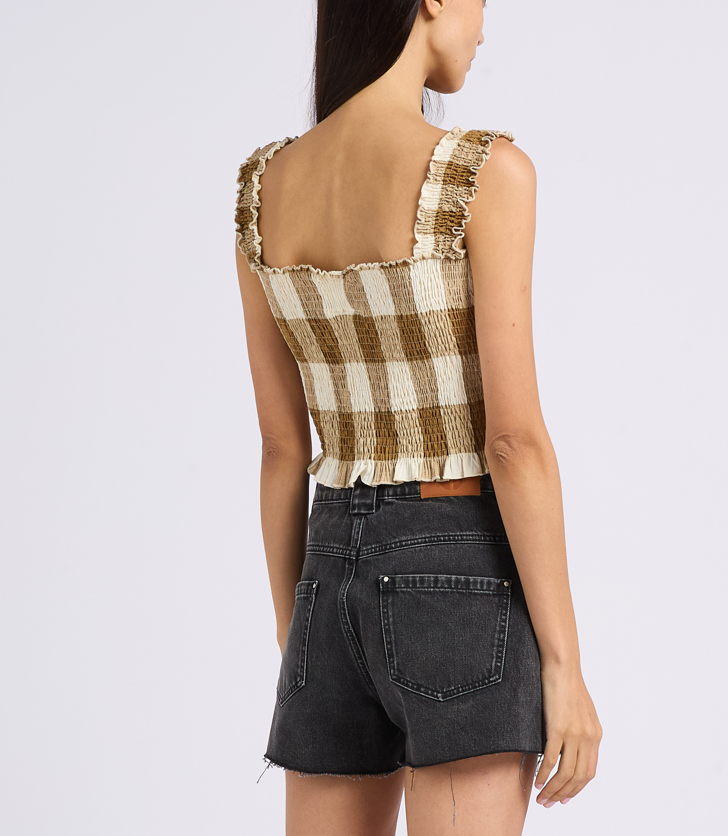 Top de algodón fruncido mezclado Marron