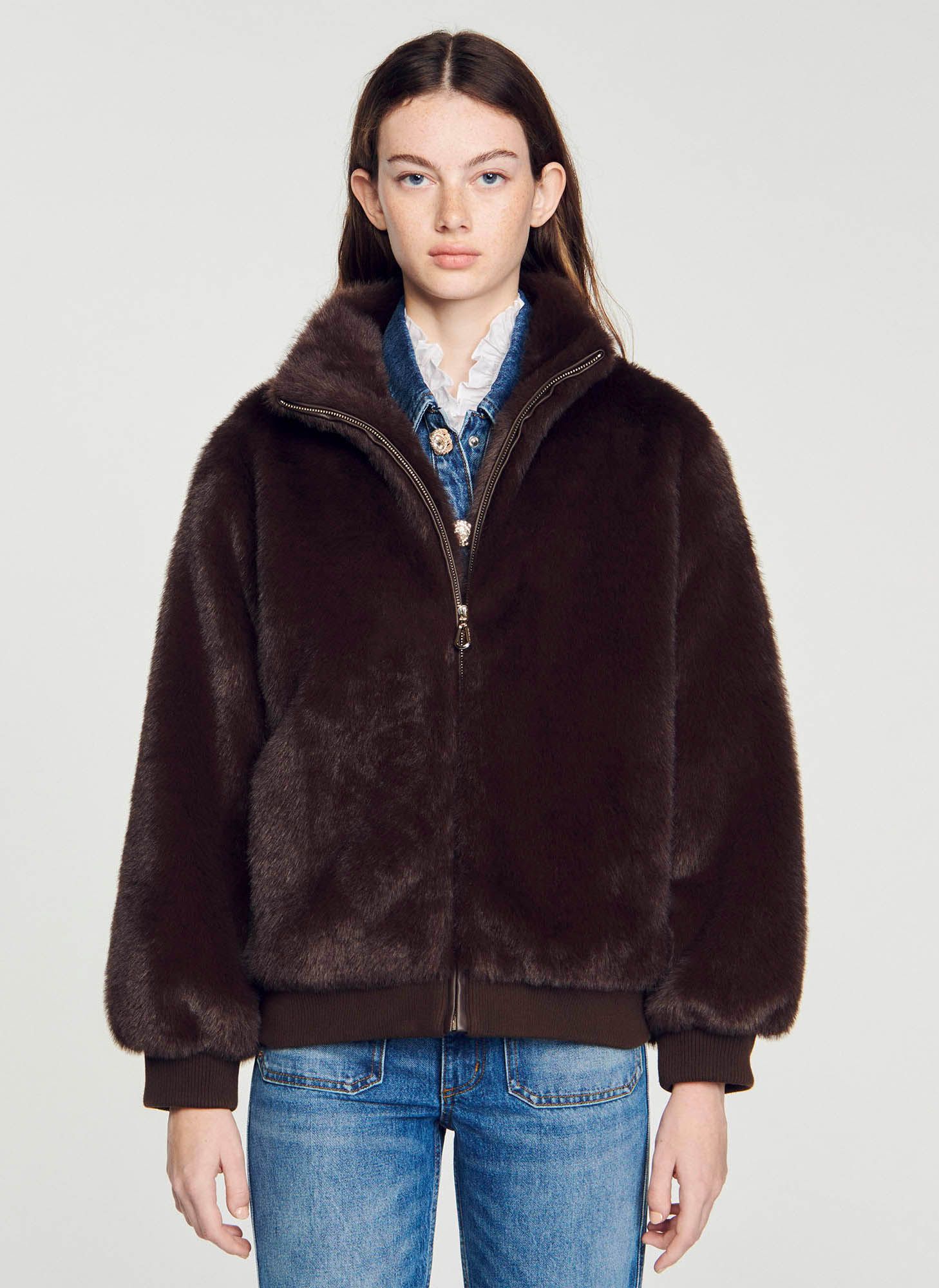 Sandro long sale faux fur coat