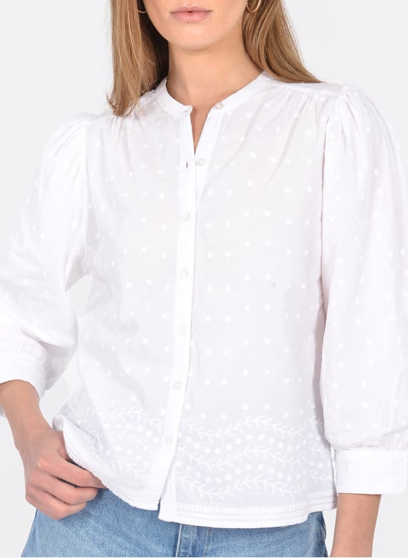 Chemise col rond brodee en coton Blanc