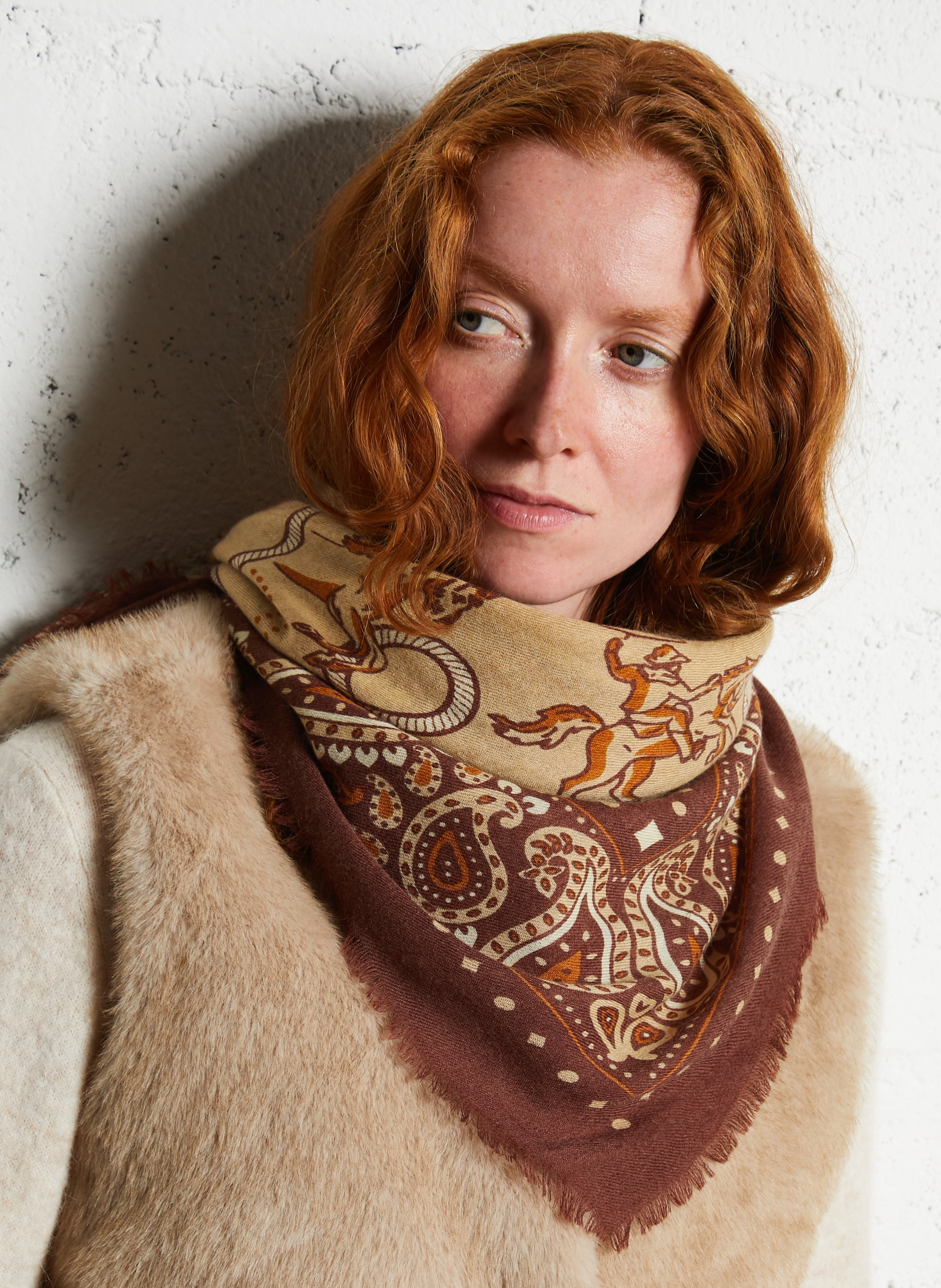 Foulard imprimé en laine et cachemire MAISON LECOMTE FLAMENT Marron