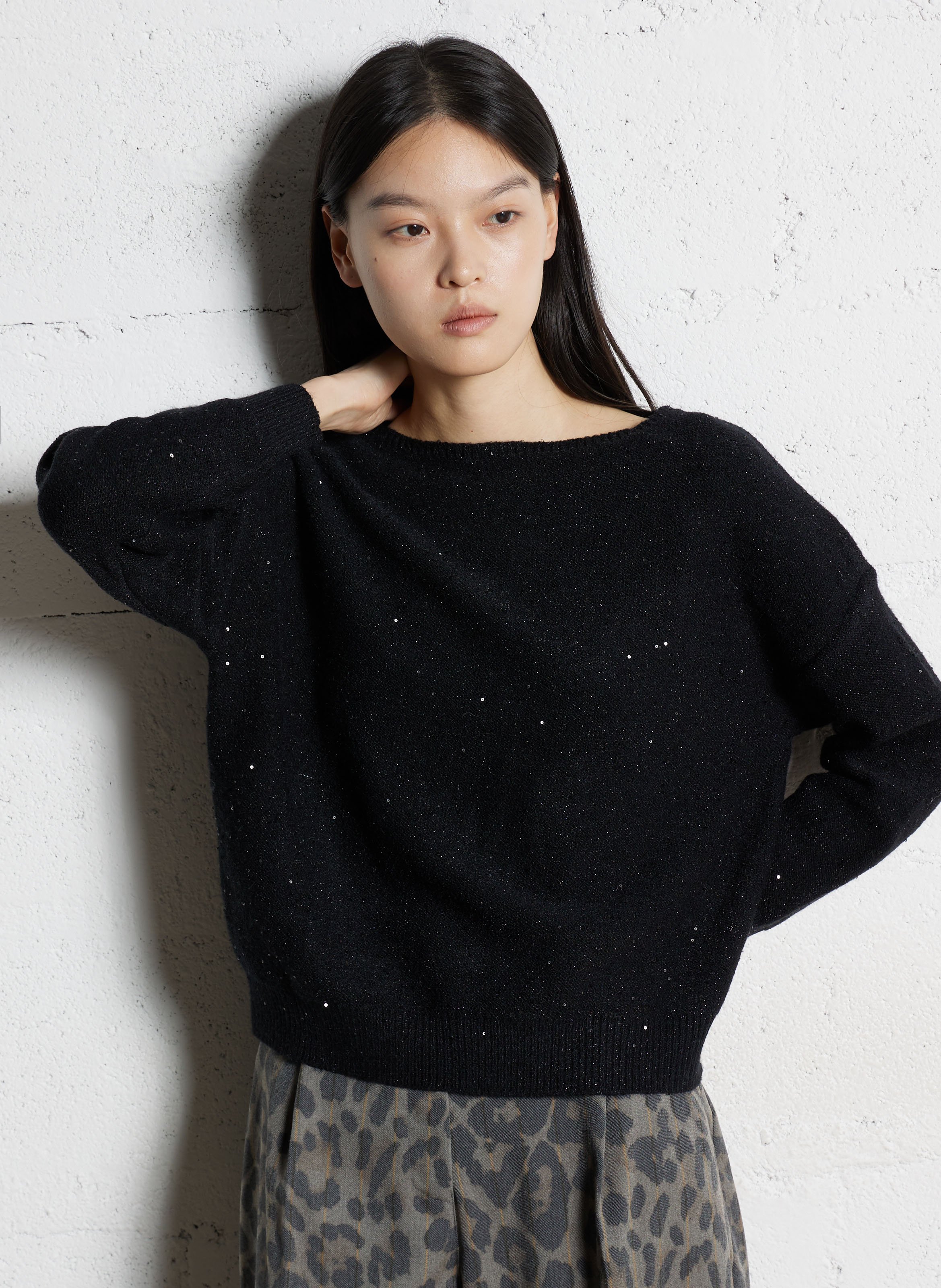 Pull col bateau à broderies sequins MAISON 123 Noir