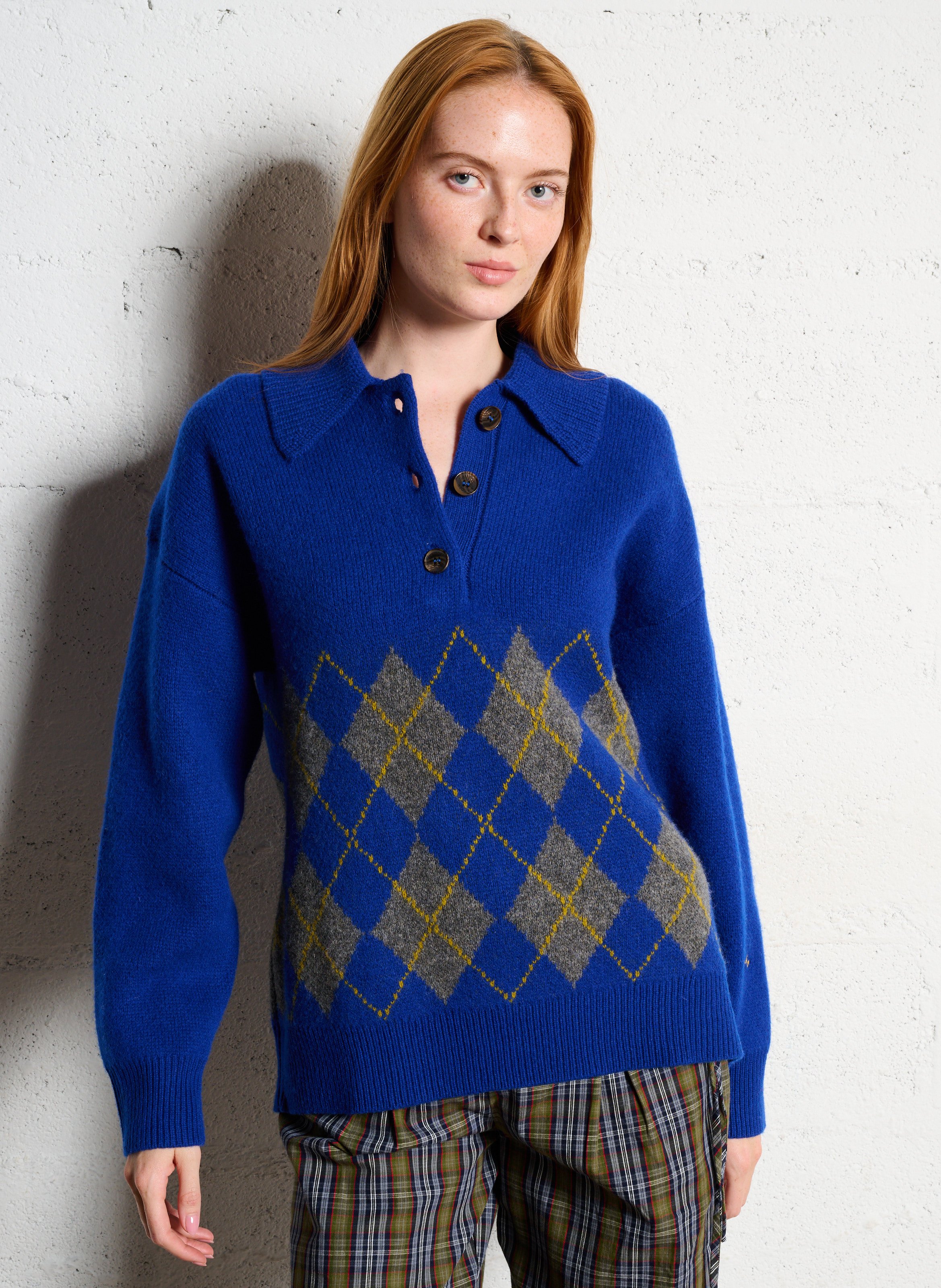 Pull col classique jacquard en laine DAMSON MADDER Bleu